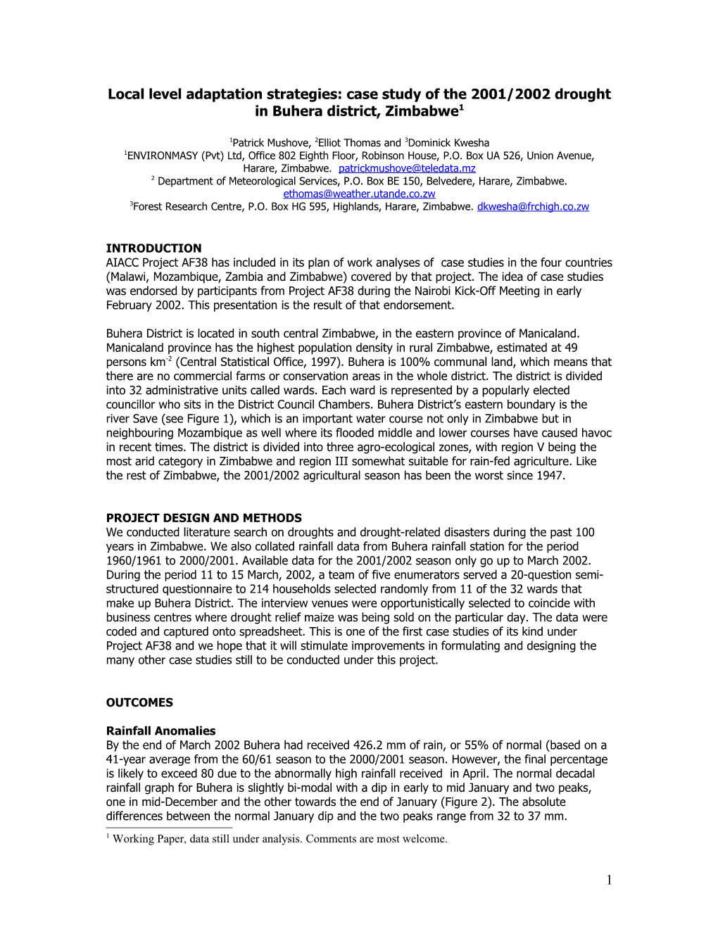 Local Level Adaptation Strategies: Case Study of the 2001/2002 Drought in Buhera District