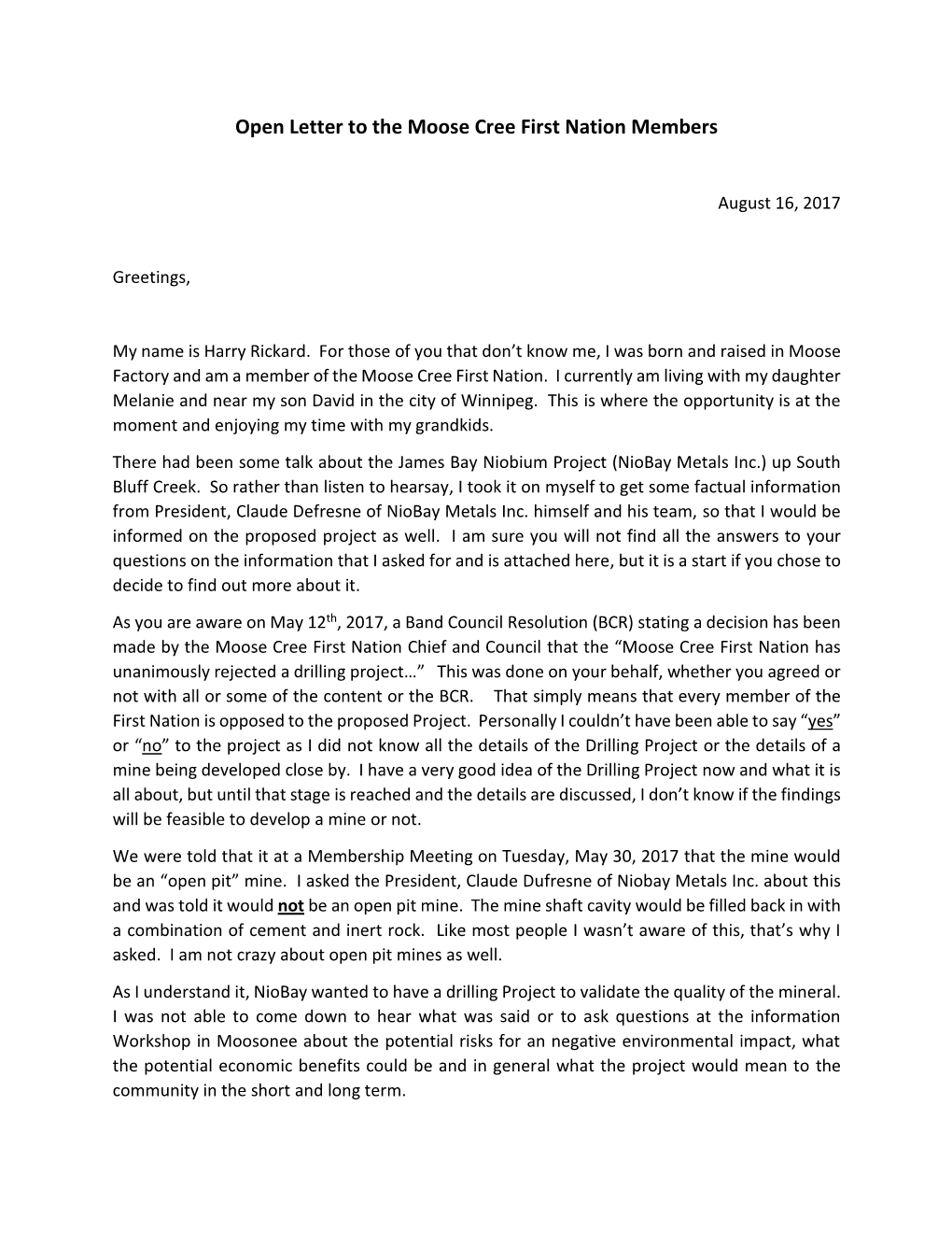 Open Letter to the Moose Cree First Nation Members