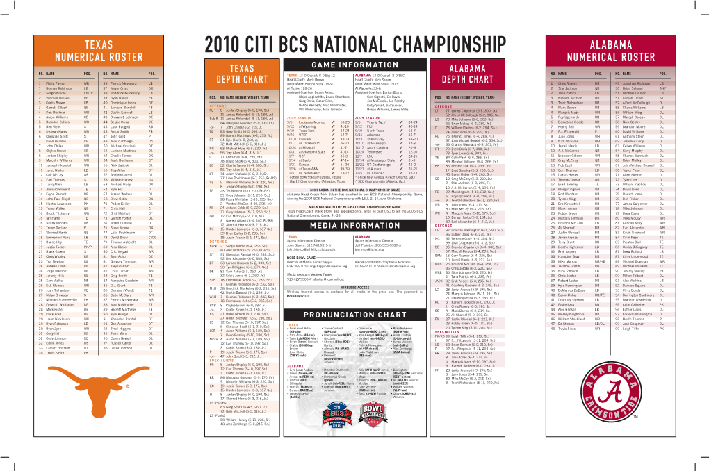 2010 Citi Bcs National Championship Alabama Numerical Roster Numerical Roster Texas Game Information Alabama No