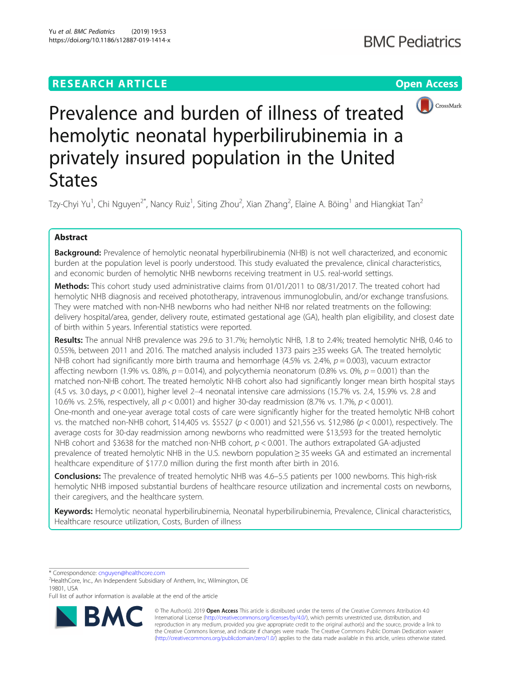 Prevalence and Burden of Illness of Treated Hemolytic Neonatal Hyperbilirubinemia in a Privately Insured Population in the Unite