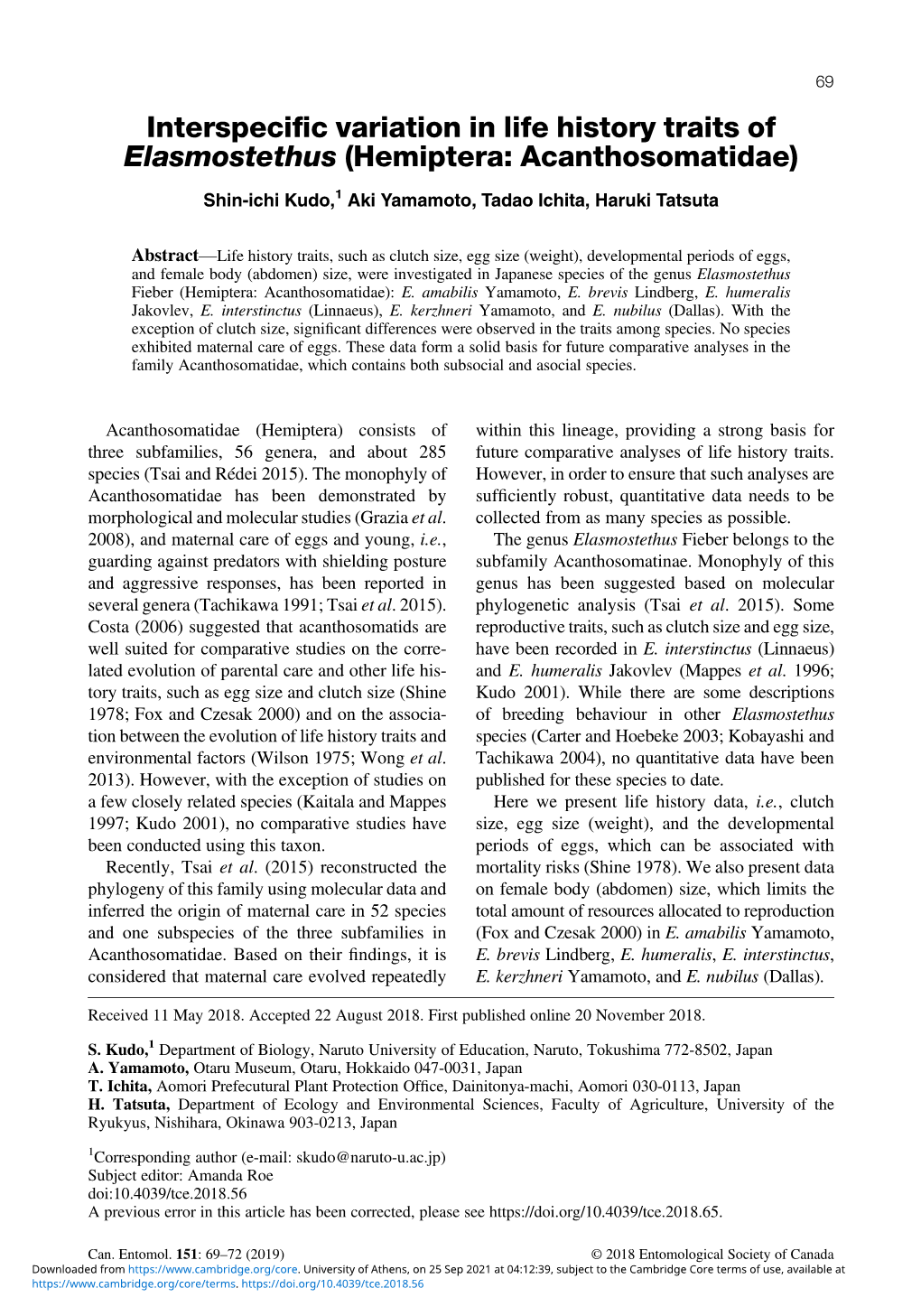 Interspecific Variation in Life History Traits of Elasmostethus