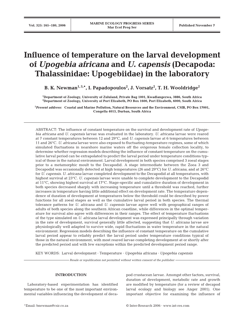 Influence of Temperature on the Larval Development of Upogebia Africana and U