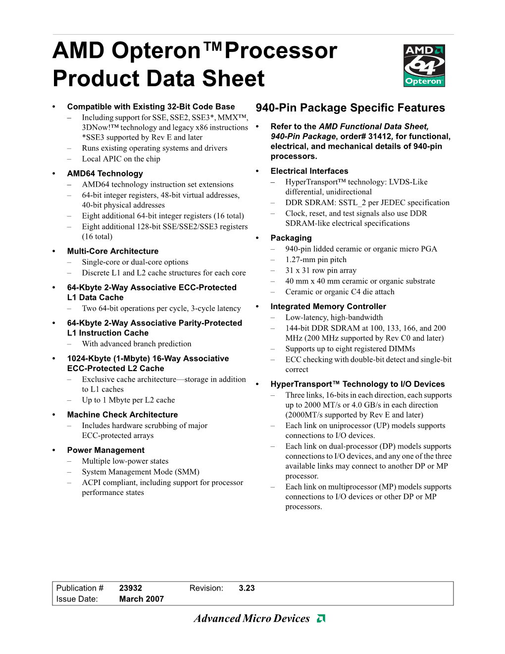 AMD Opteron Processor Product Data Sheet