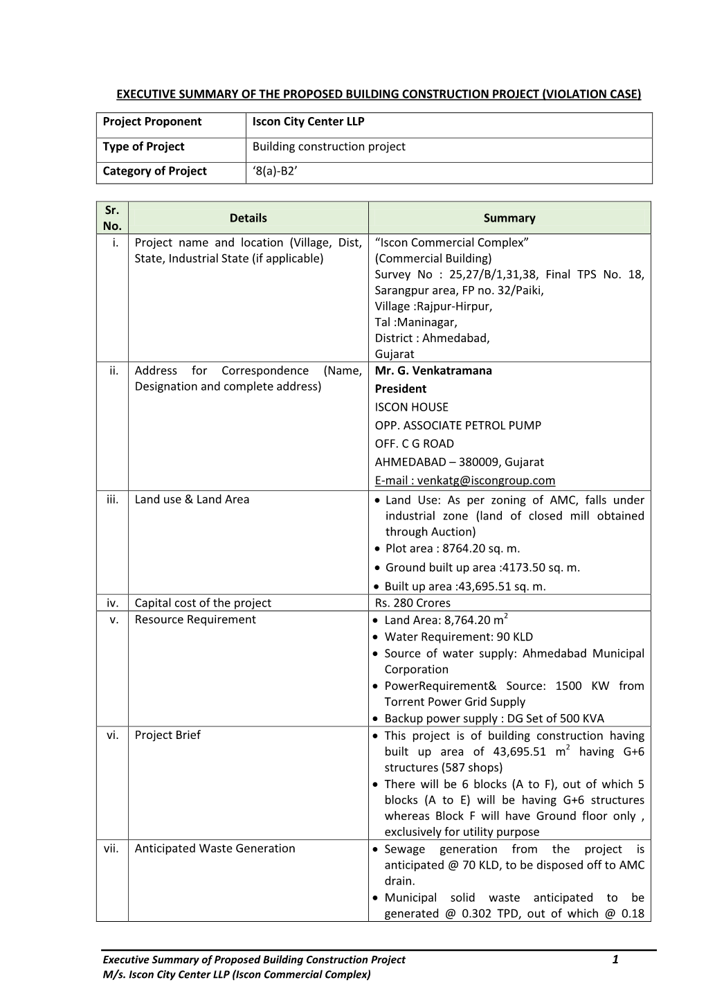 1 EXECUTIVE SUMMARY of the PROPOSED BUILDING CONSTRUCTION PROJECT (VIOLATION CASE Project Proponent ) Iscon City Center LLP