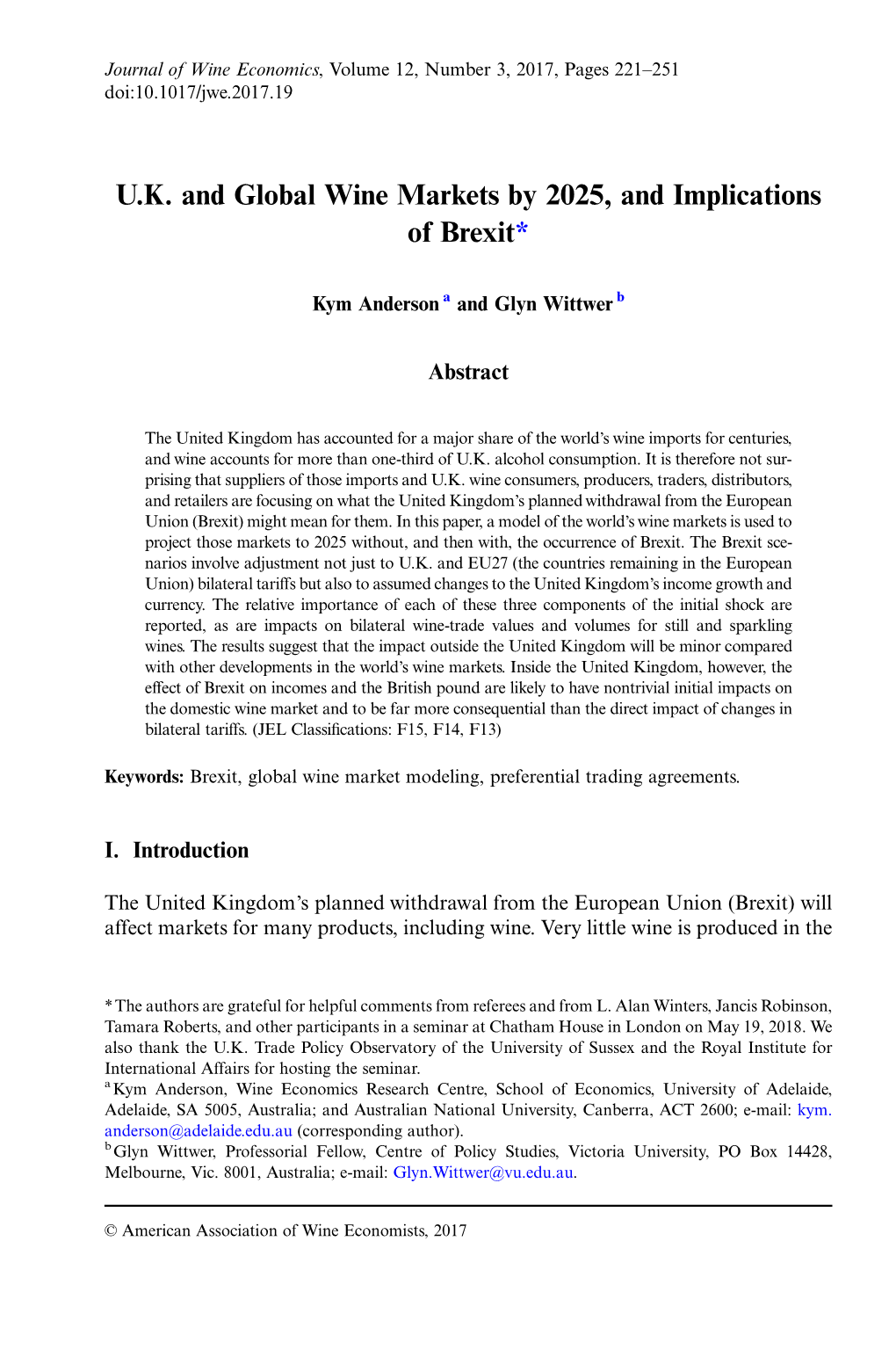 U.K. and Global Wine Markets by 2025, and Implications of Brexit*