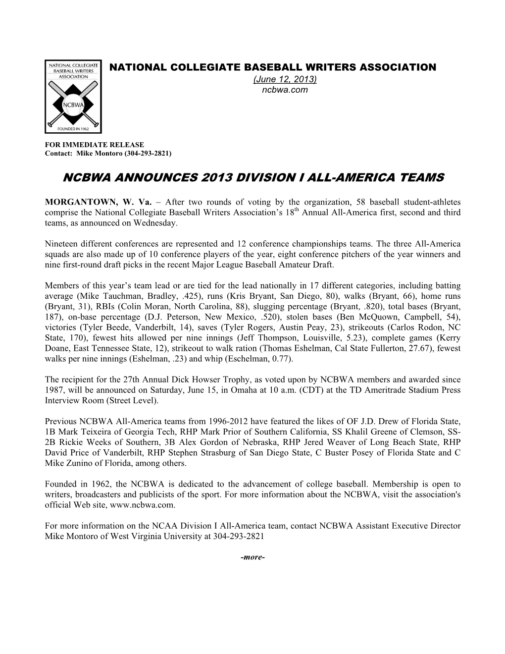 Ncbwa Announces 2013 Division I All-America Teams