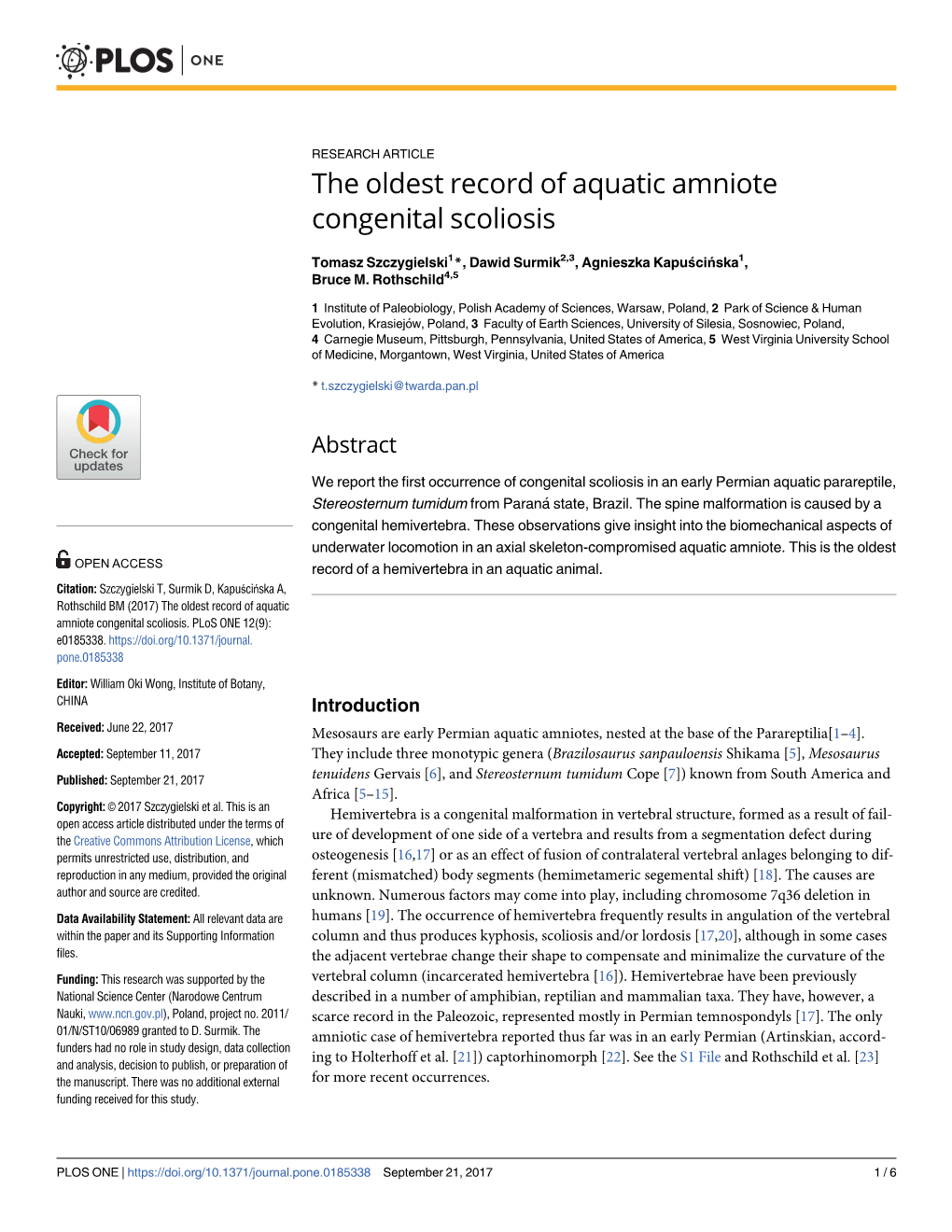The Oldest Record of Aquatic Amniote Congenital Scoliosis