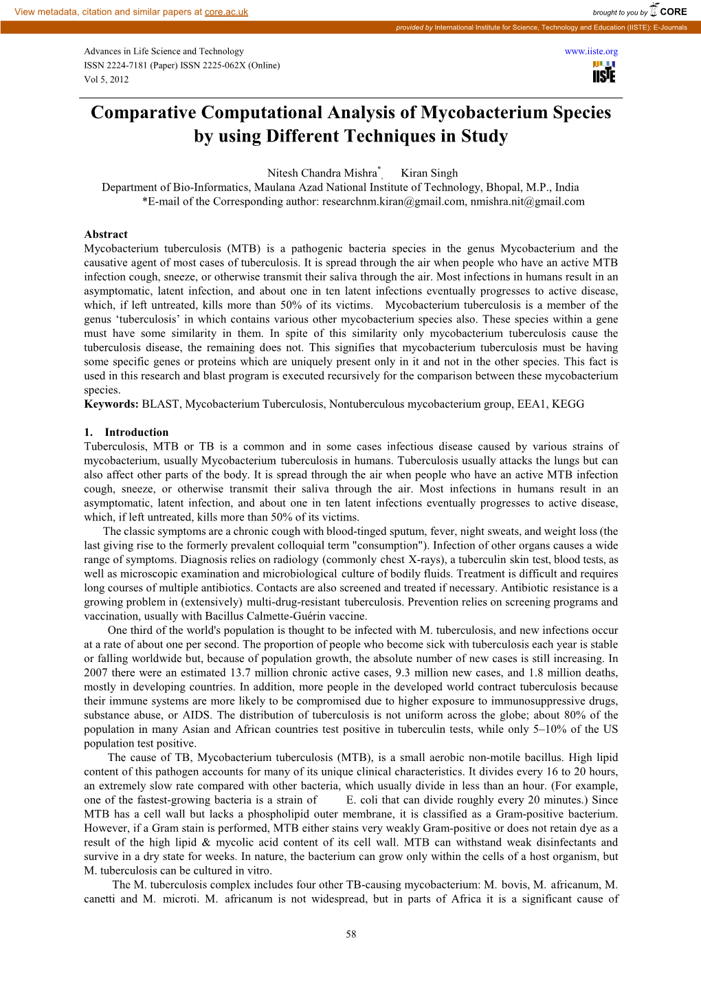 Comparative Computational Analysis of Mycobacterium Species by Using Different Techniques in Study