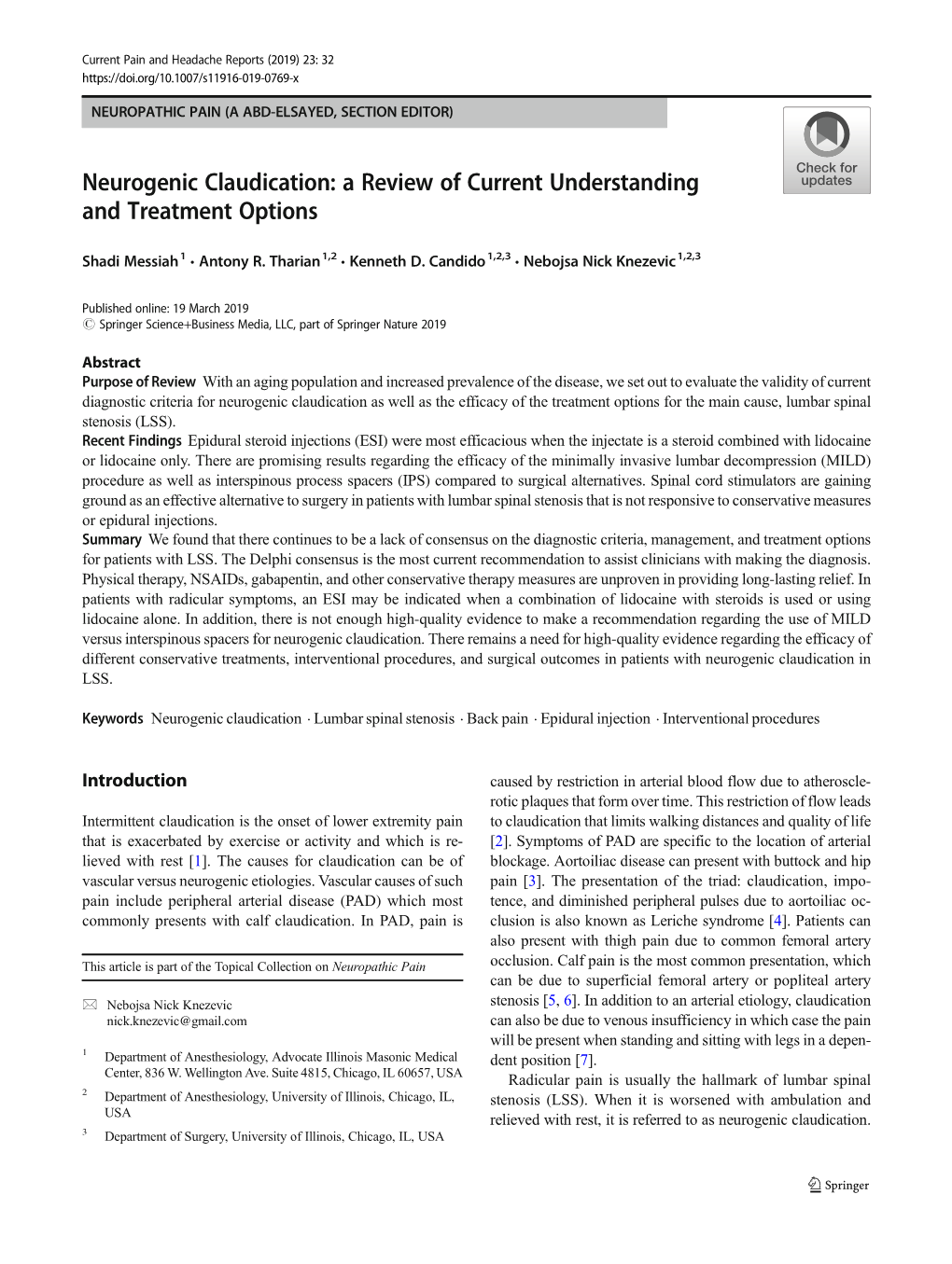 Neurogenic Claudication: a Review of Current Understanding and Treatment Options