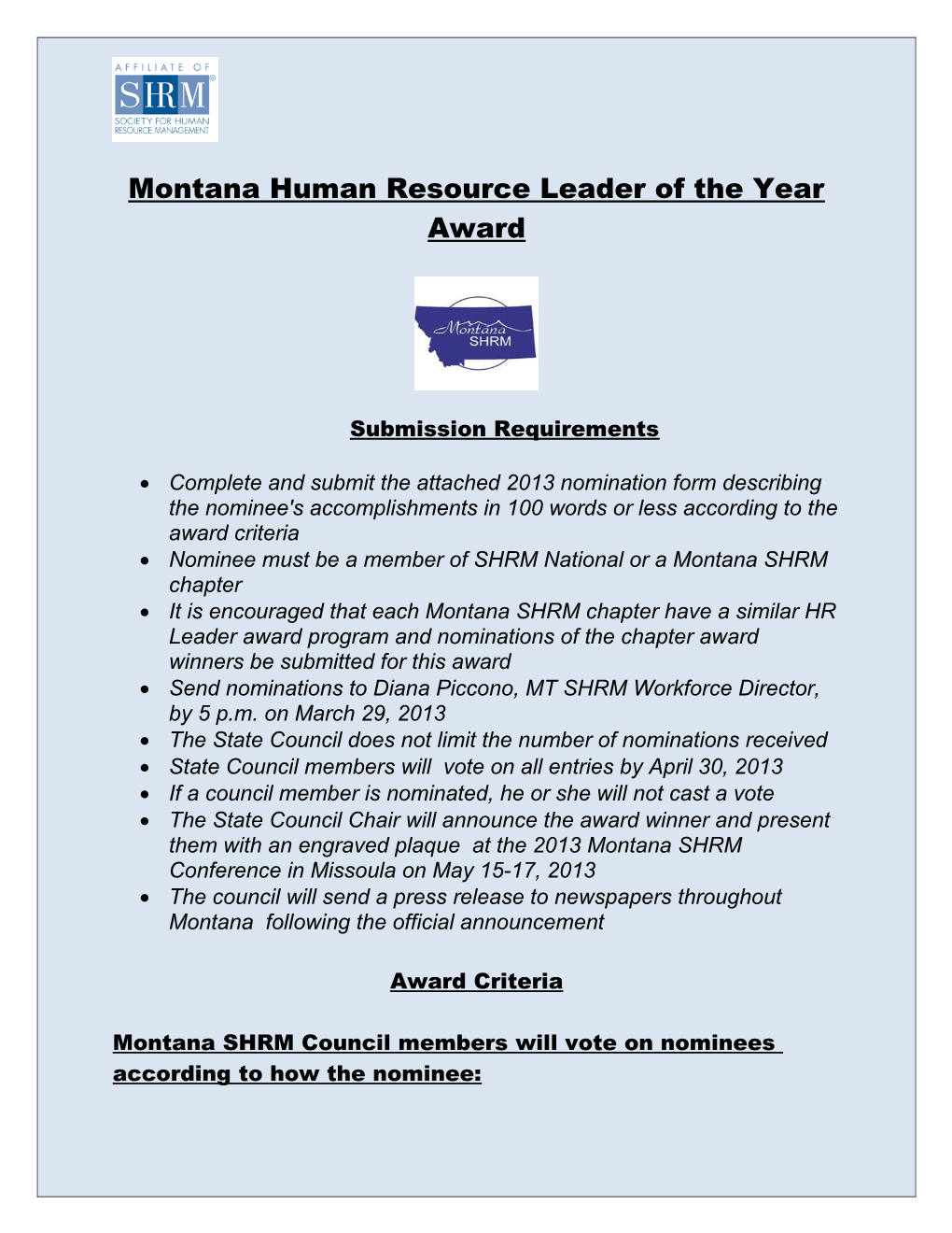 Montana Human Resource Leader of the Year Award