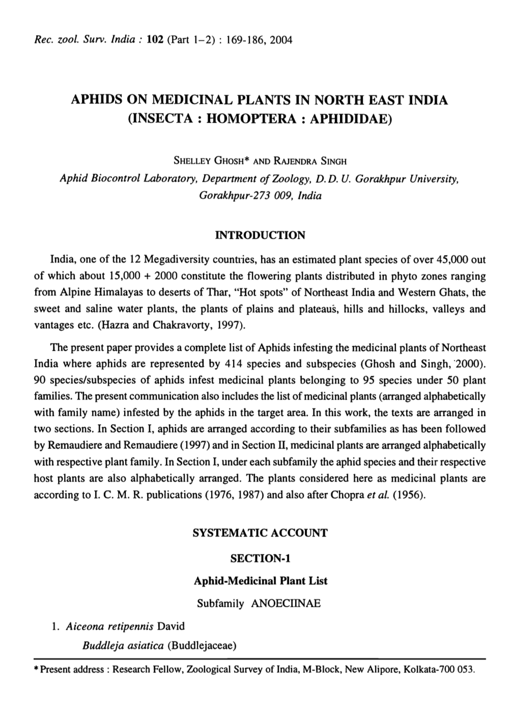 Aphids on Medicinal Plants in North East India (Insecta: Homoptera : Aphididae)