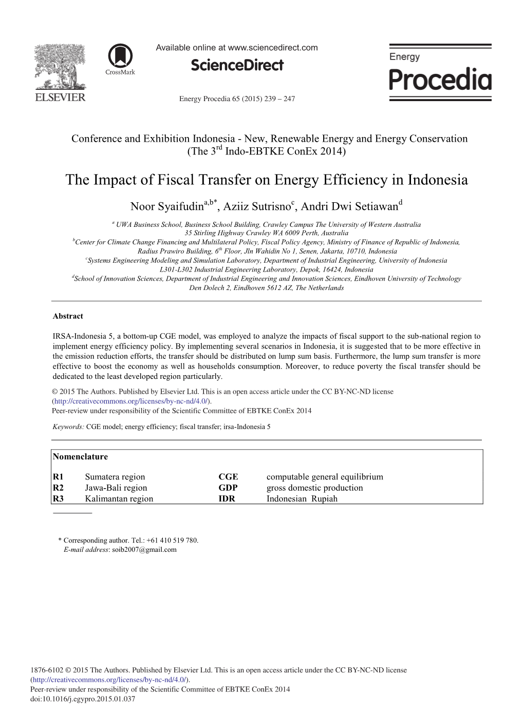 The Impact of Fiscal Transfer on Energy Efficiency in Indonesia