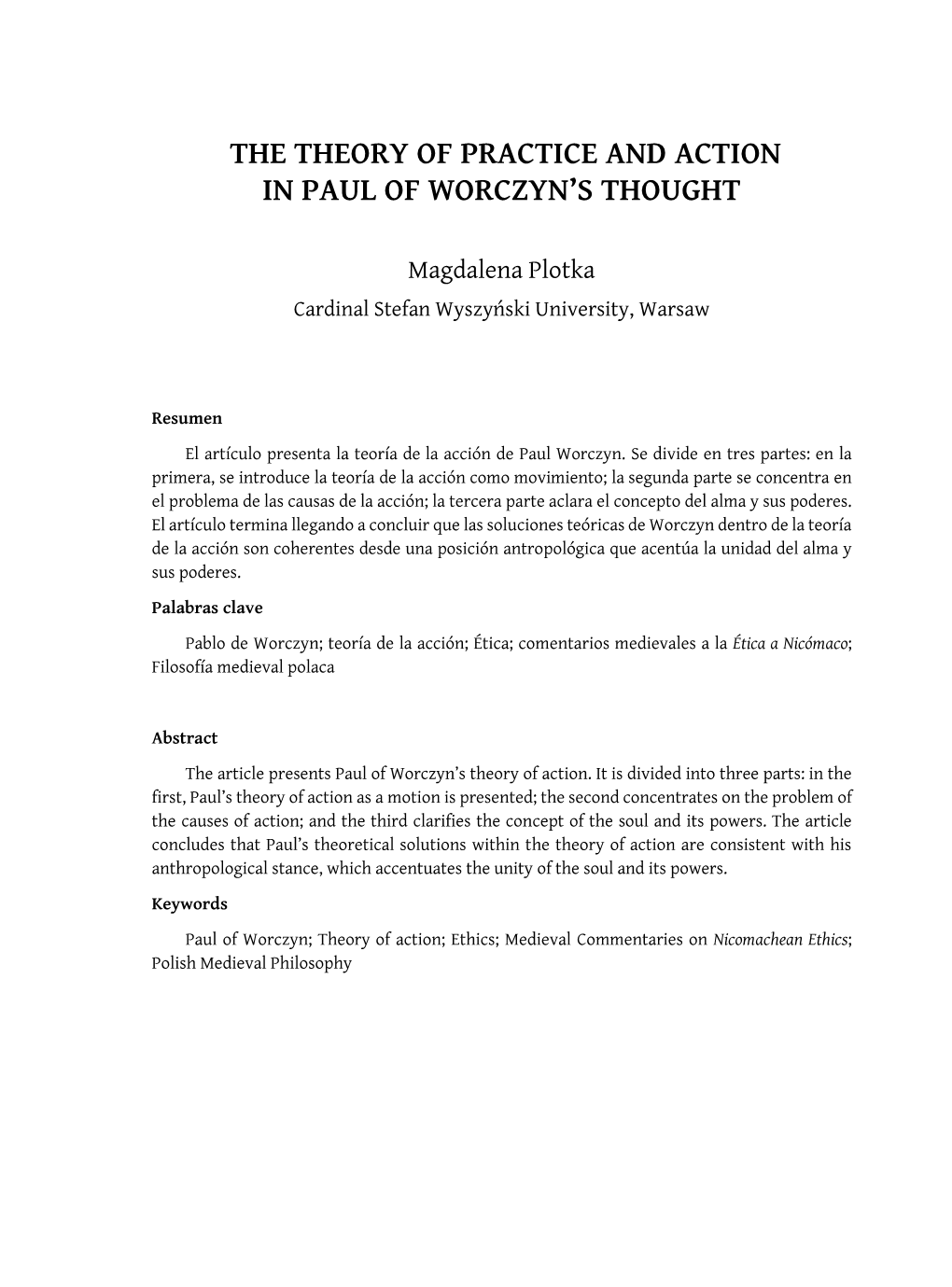 The Theory of Practice and Action in Paul of Worczyn's