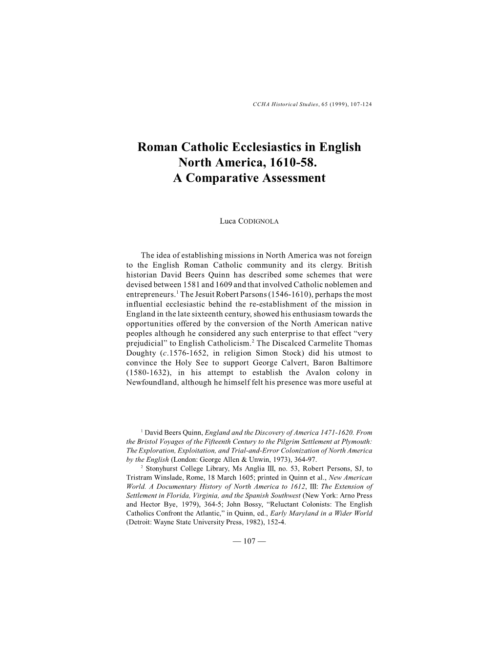 Roman Catholic Ecclesiastics in English North America, 1610-58. a Comparative Assessment