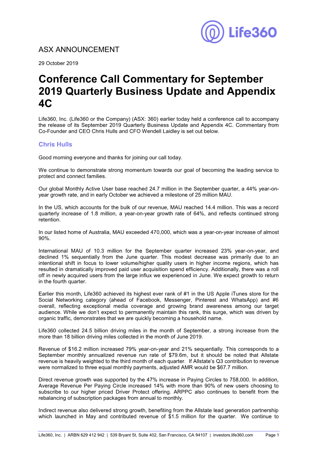 Conference Call Commentary for September 2019 Quarterly Business Update and Appendix 4C