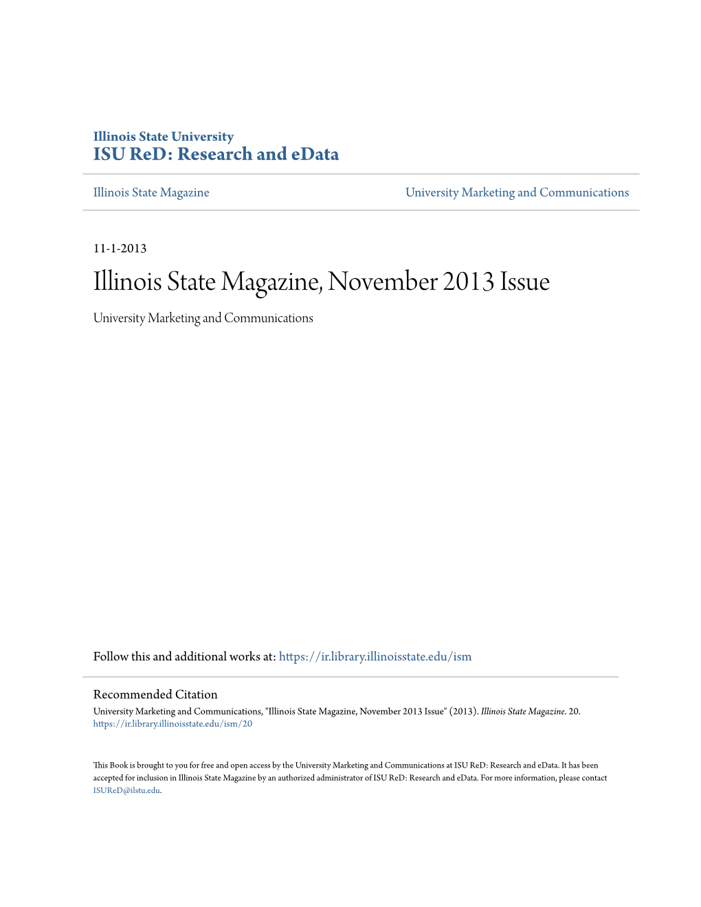Illinois State Magazine, November 2013 Issue University Marketing and Communications