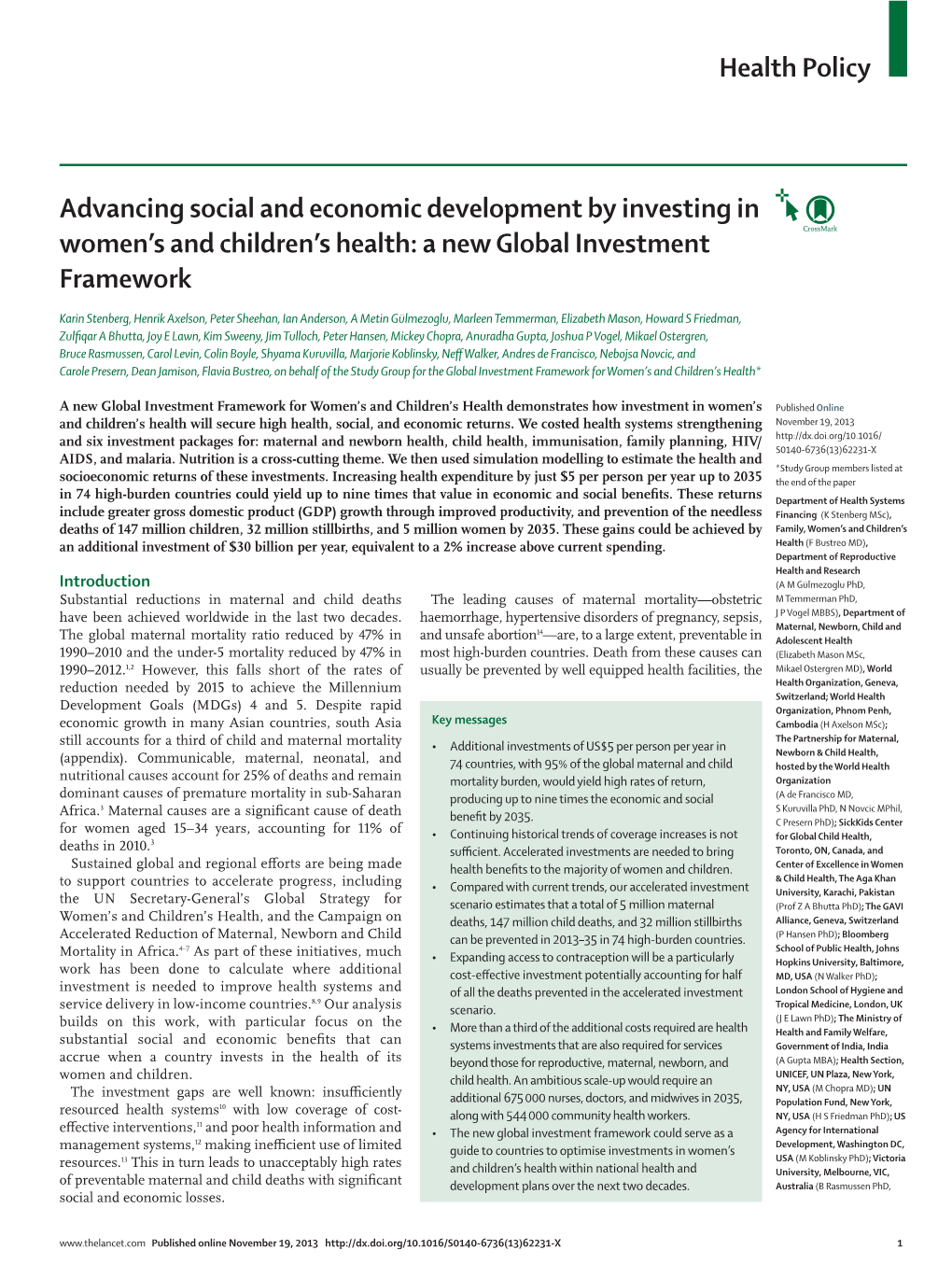 Health Policy Advancing Social and Economic Development by Investing