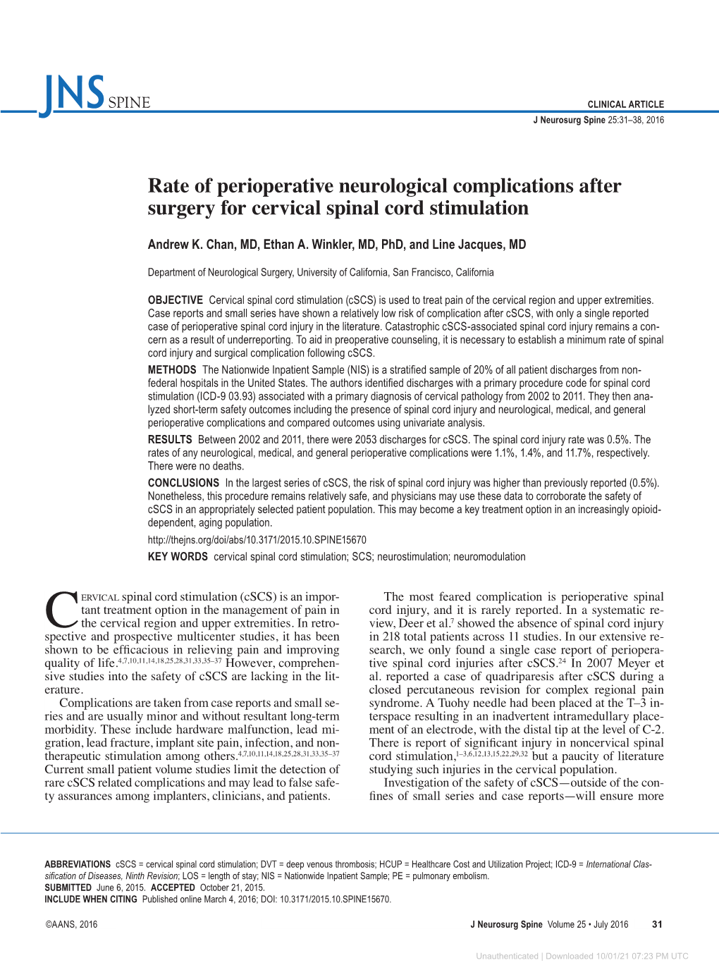 Rate of Perioperative Neurological Complications After Surgery for Cervical Spinal Cord Stimulation