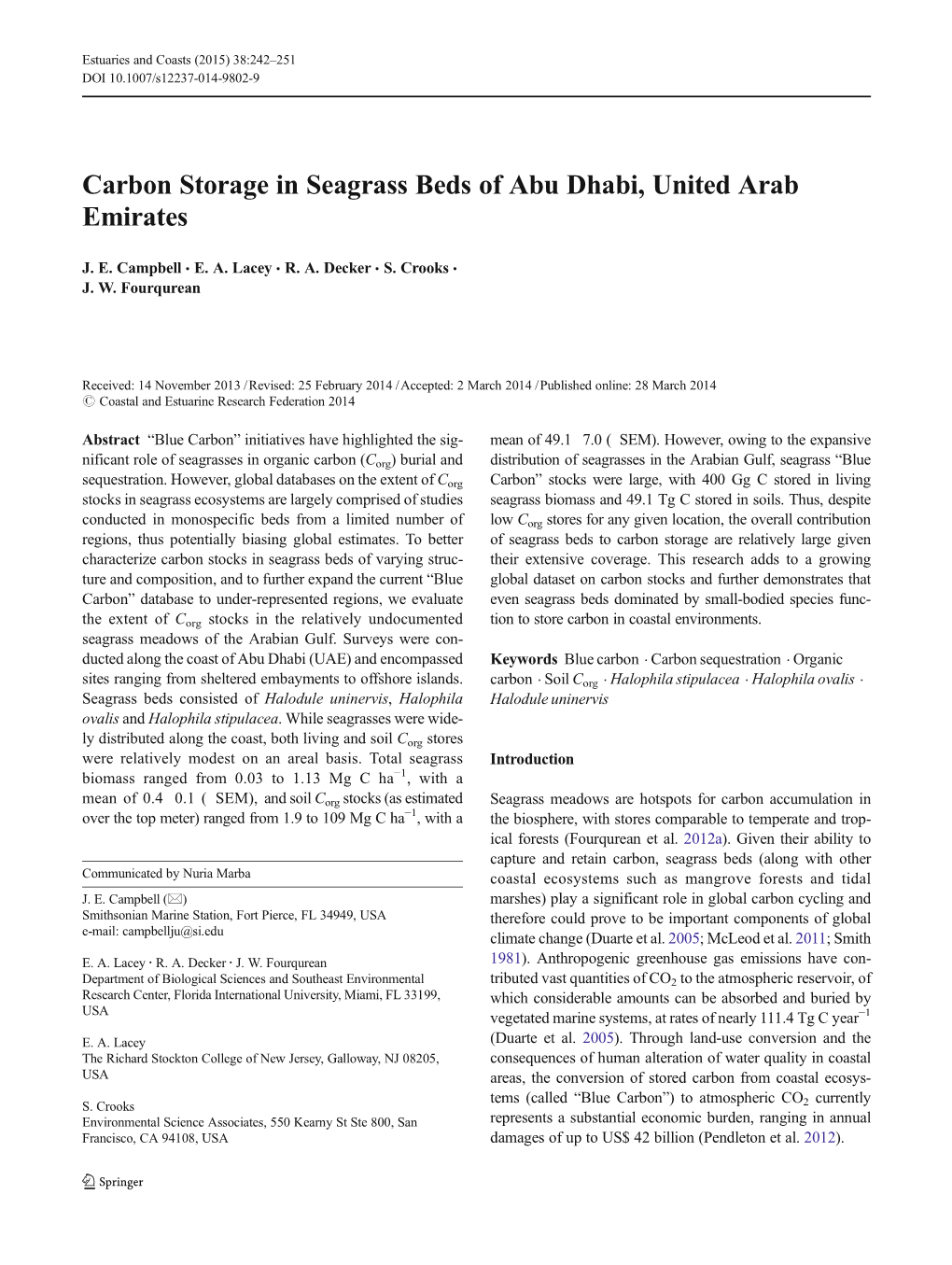 Carbon Storage in Seagrass Beds of Abu Dhabi, United Arab Emirates