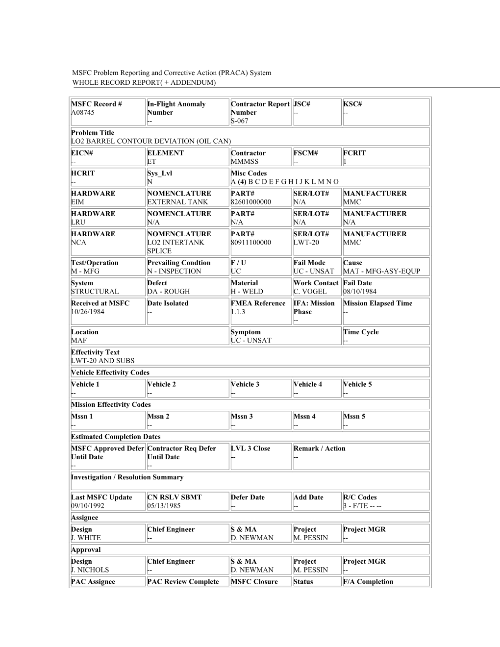 MSFC Problem Reporting and Corrective Action (PRACA) System s3