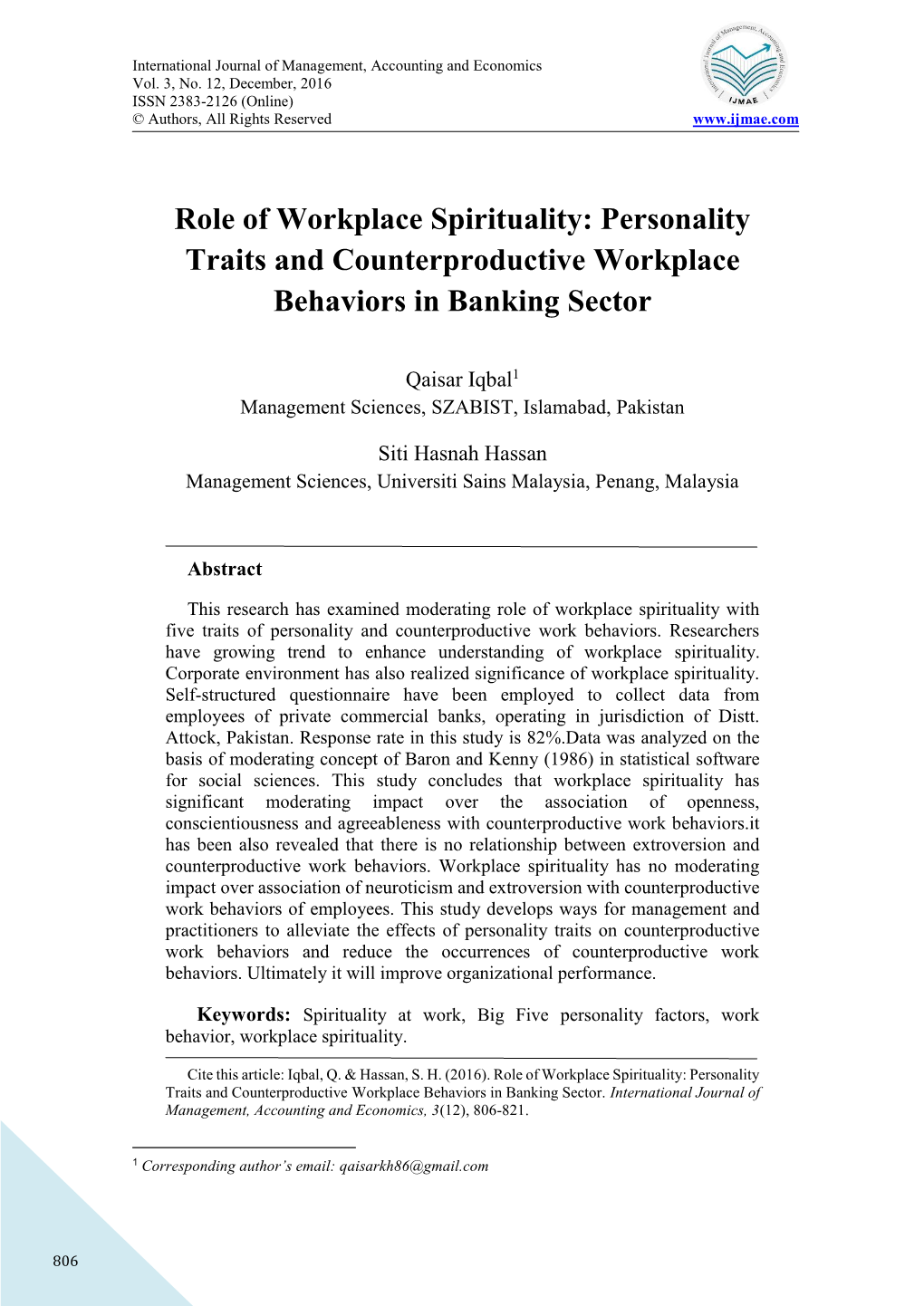 Role of Workplace Spirituality: Personality Traits and Counterproductive Workplace Behaviors in Banking Sector