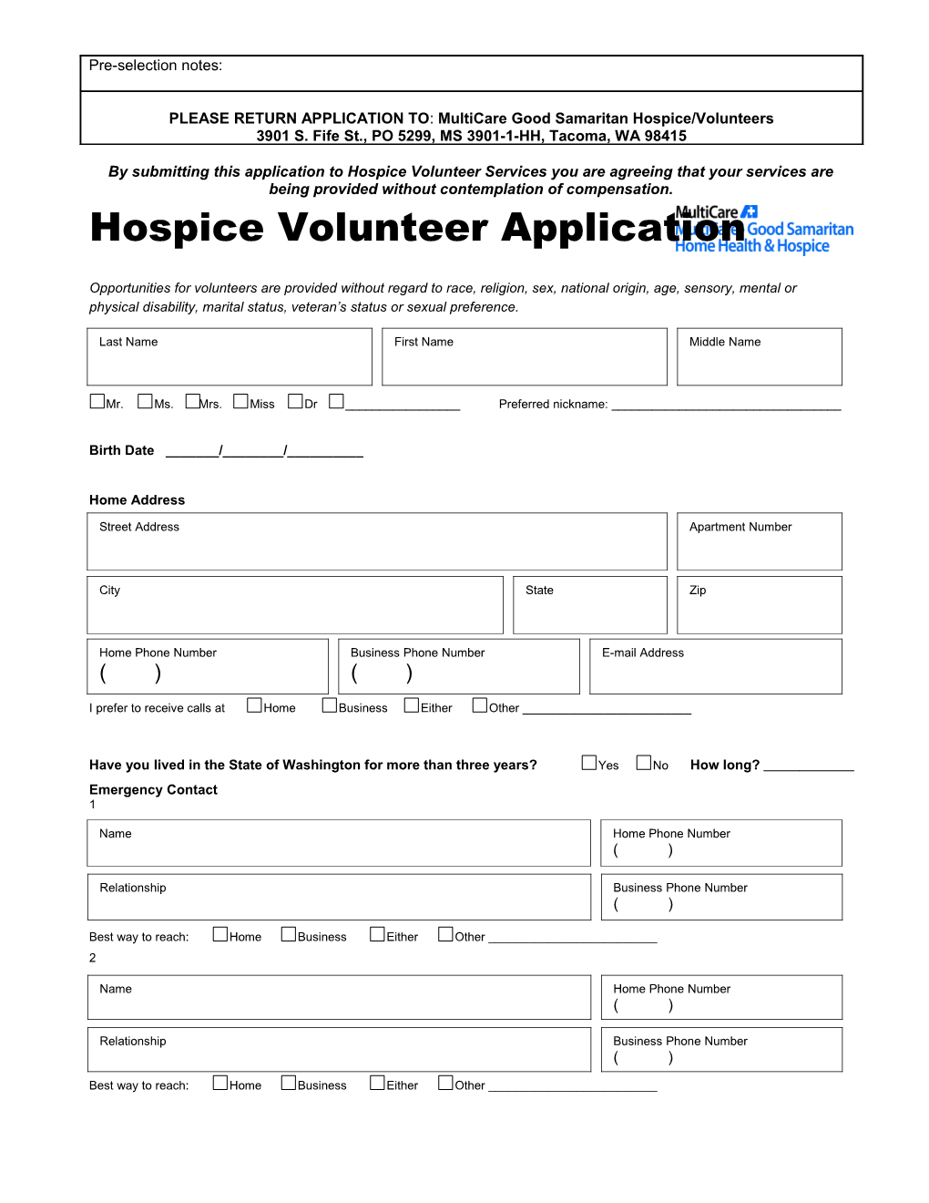 Hospice Volunteer Application