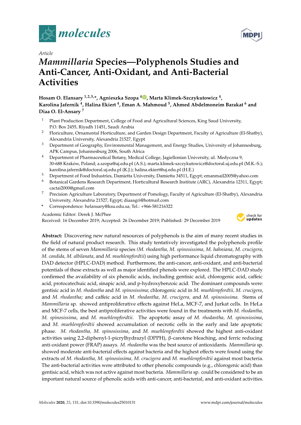 Mammillaria Species—Polyphenols Studies and Anti-Cancer, Anti-Oxidant, and Anti-Bacterial Activities