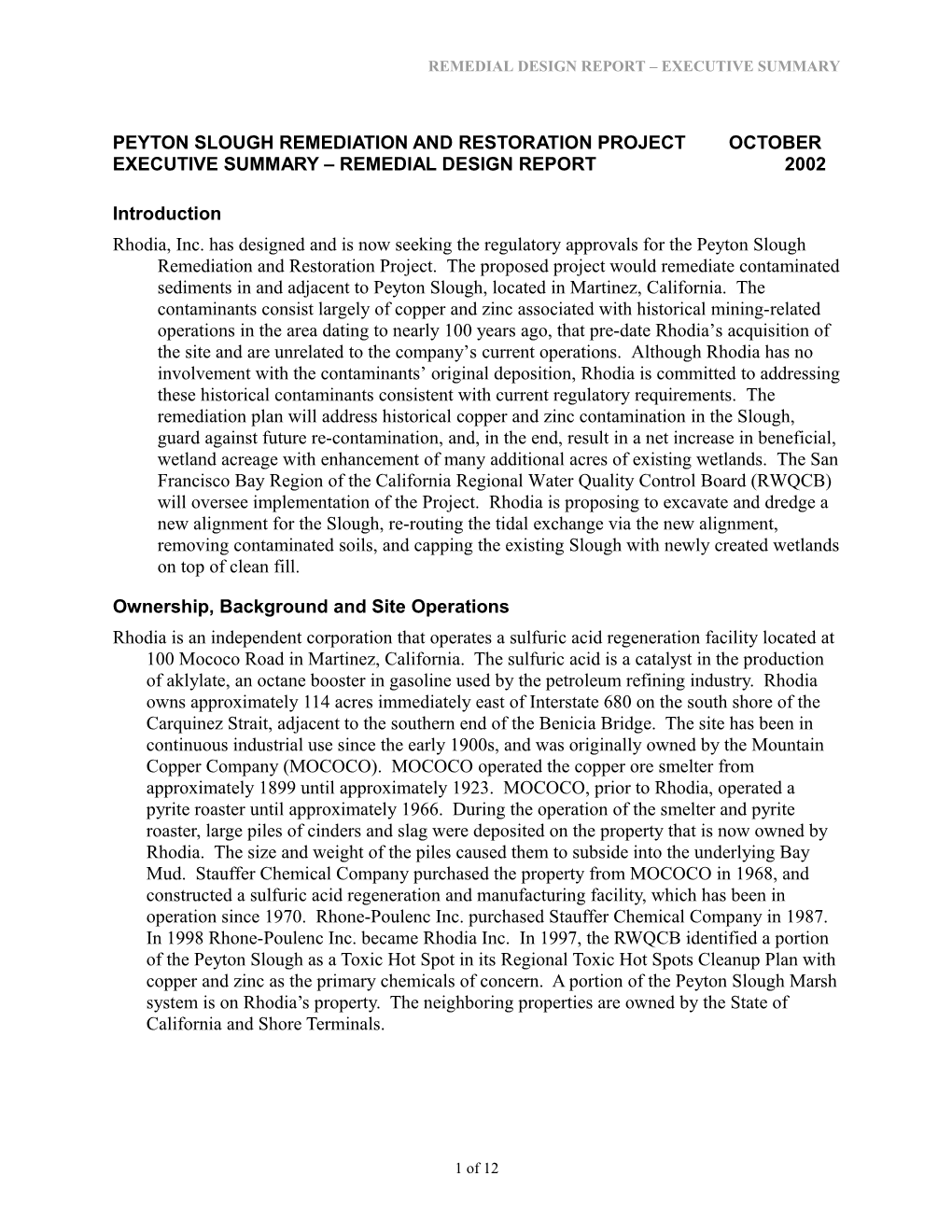 Remedial Design Report Executive Summary