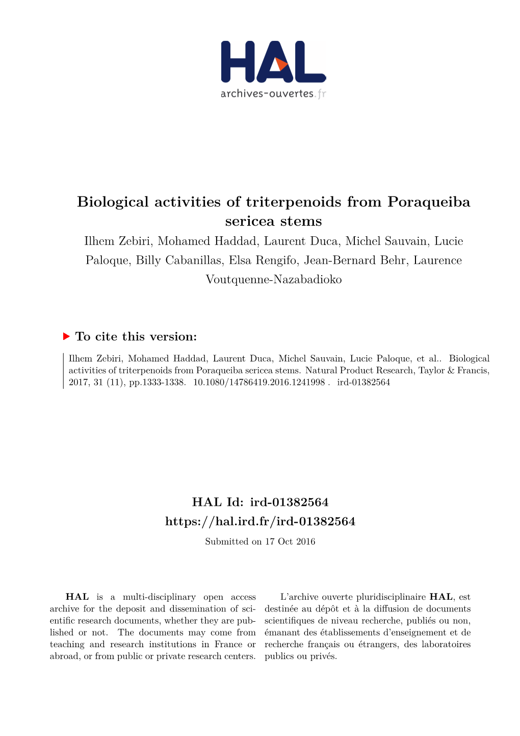 Biological Activities of Triterpenoids from Poraqueiba Sericea