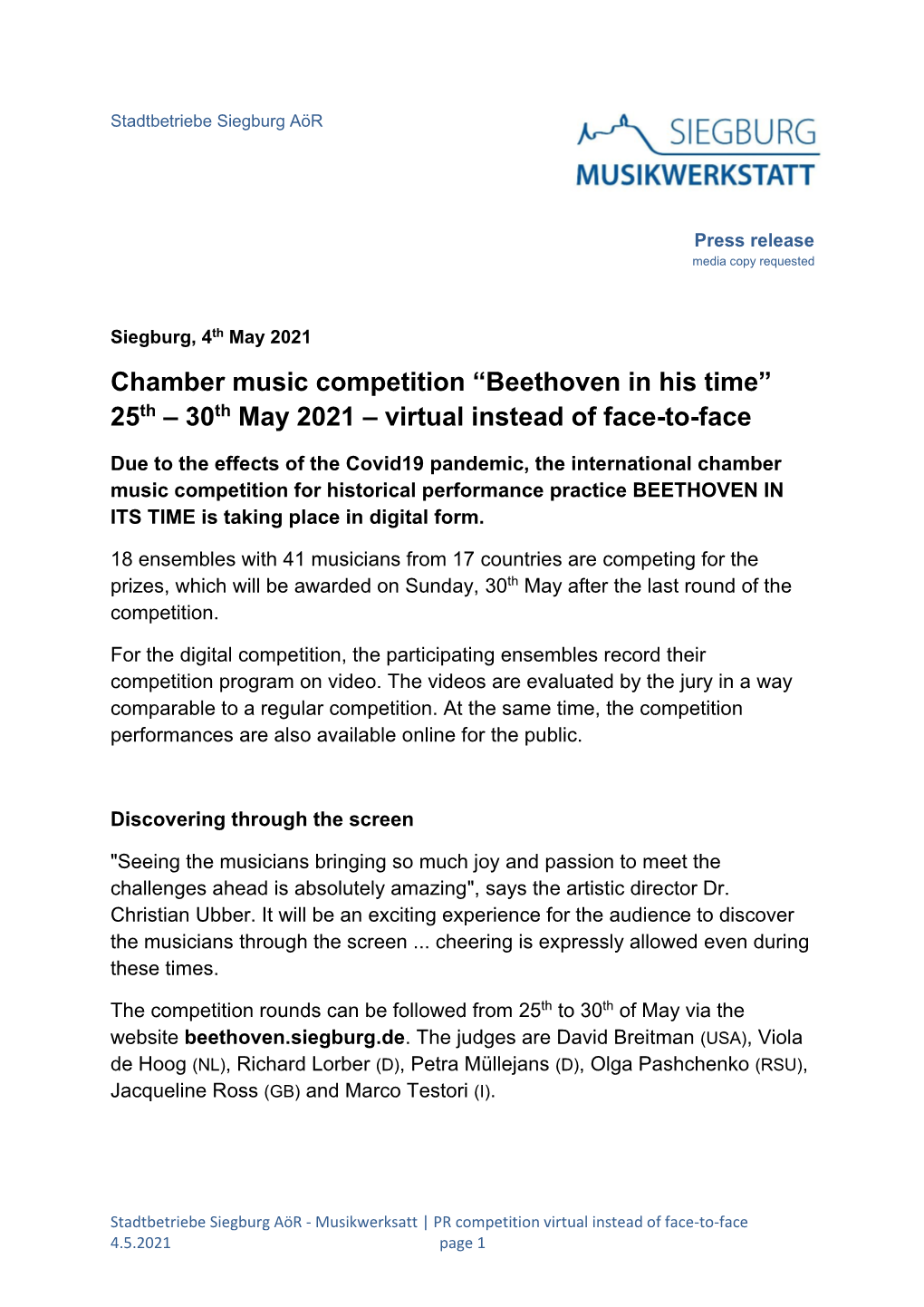 Chamber Music Competition “Beethoven in His Time” 25Th – 30Th May 2021 – Virtual Instead of Face-To-Face