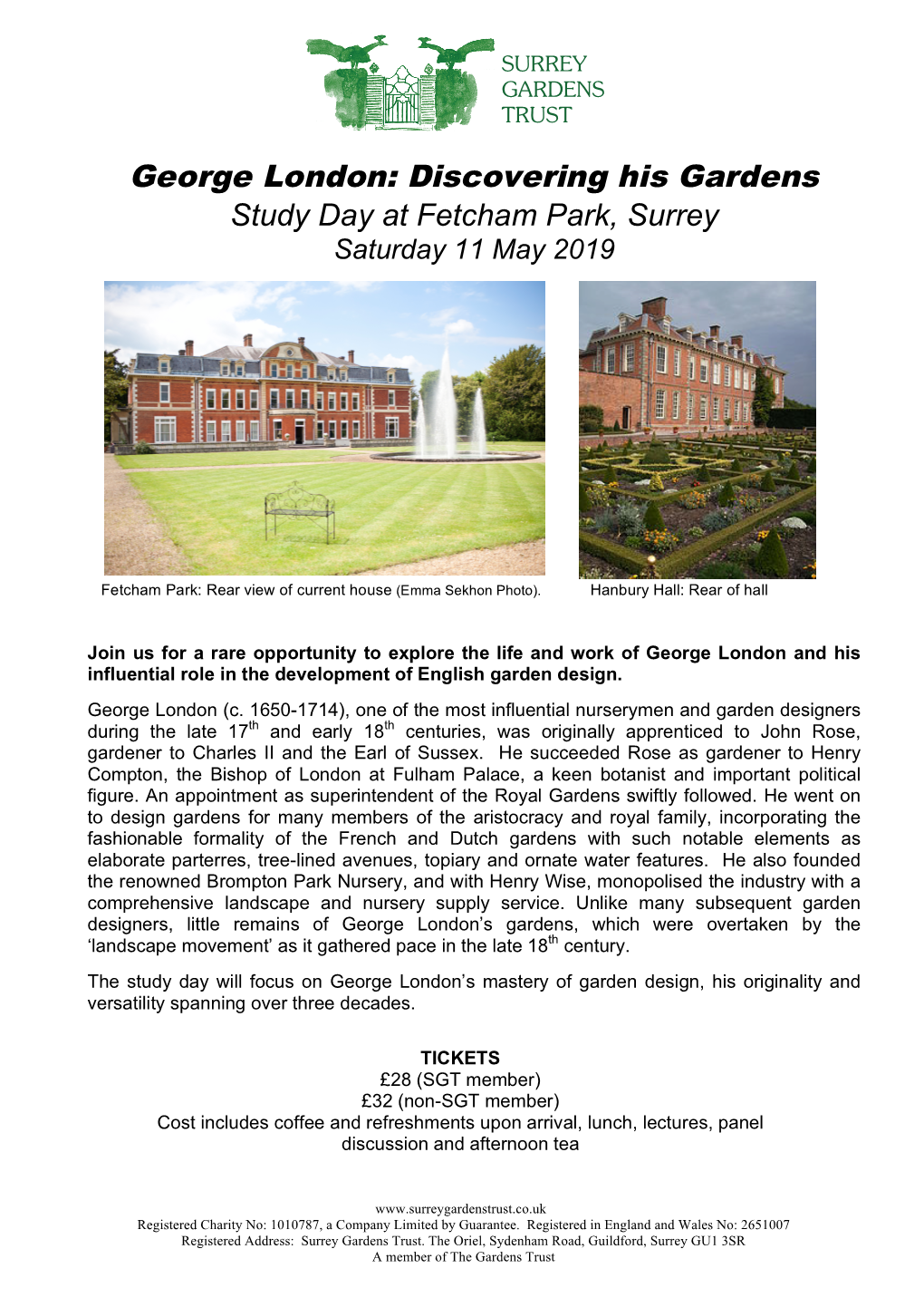 George London: Discovering His Gardens Study Day at Fetcham Park, Surrey Saturday 11 May 2019