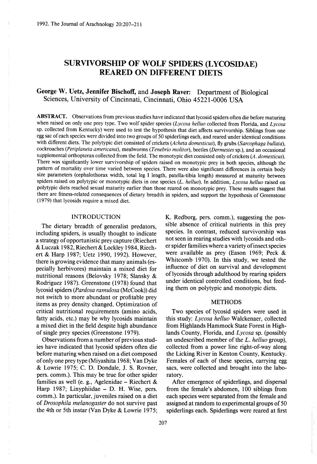 Survivorship of Wolf Spiders (Lycosidae ) Reared on Different Diets