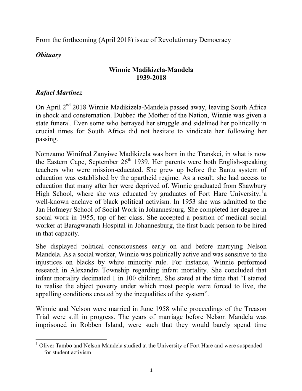 Issue of Revolutionary Democracy Obituary Winnie Madikizela