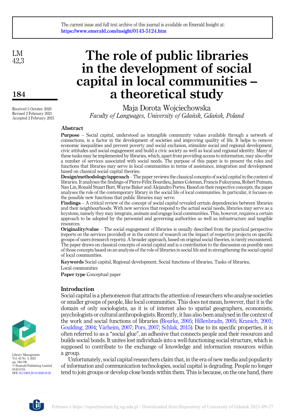 The Role of Public Libraries in the Development of Social Capital in Local Communities – 184 a Theoretical Study