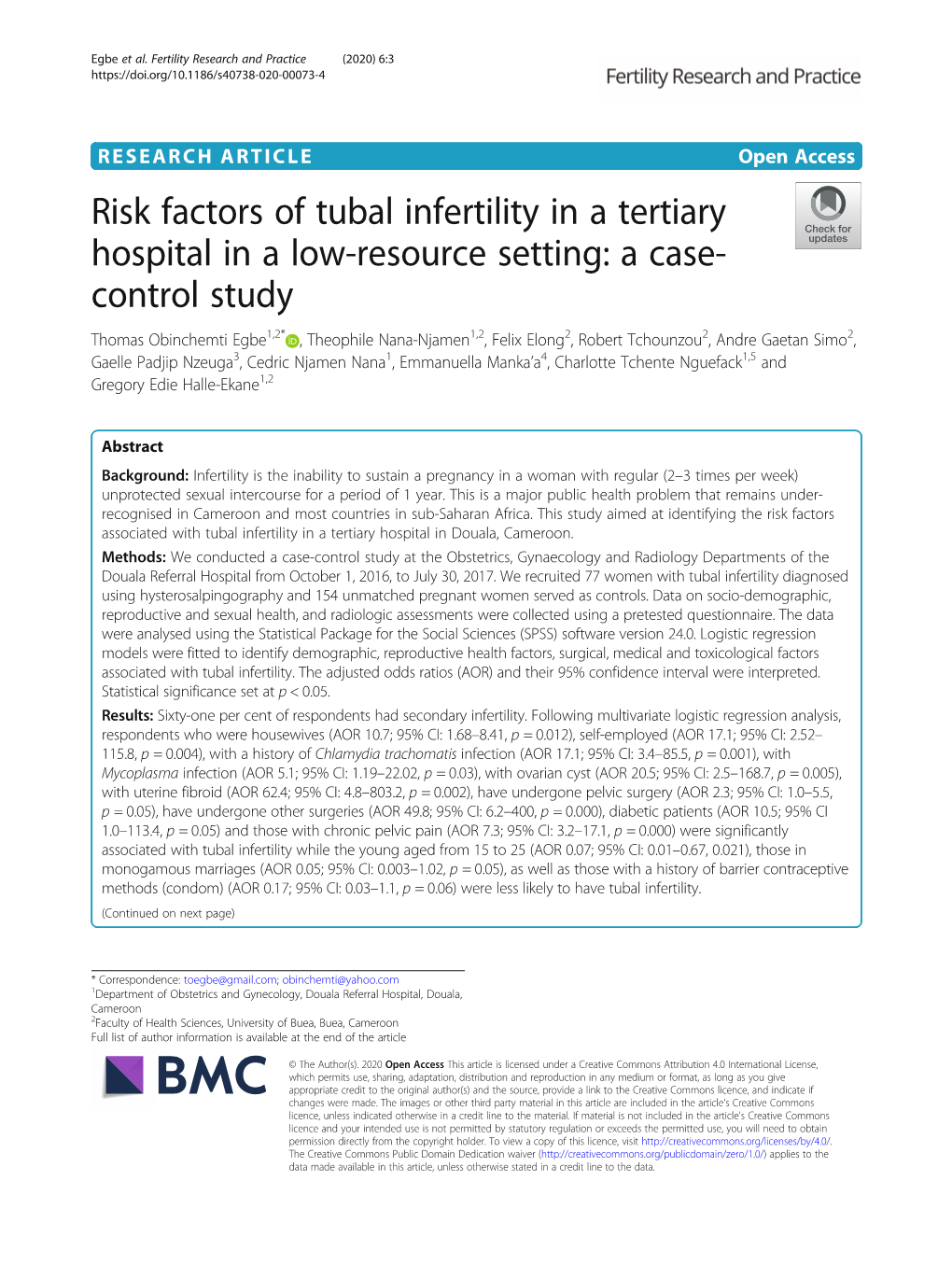 Risk Factors of Tubal Infertility in a Tertiary Hospital in a Low-Resource