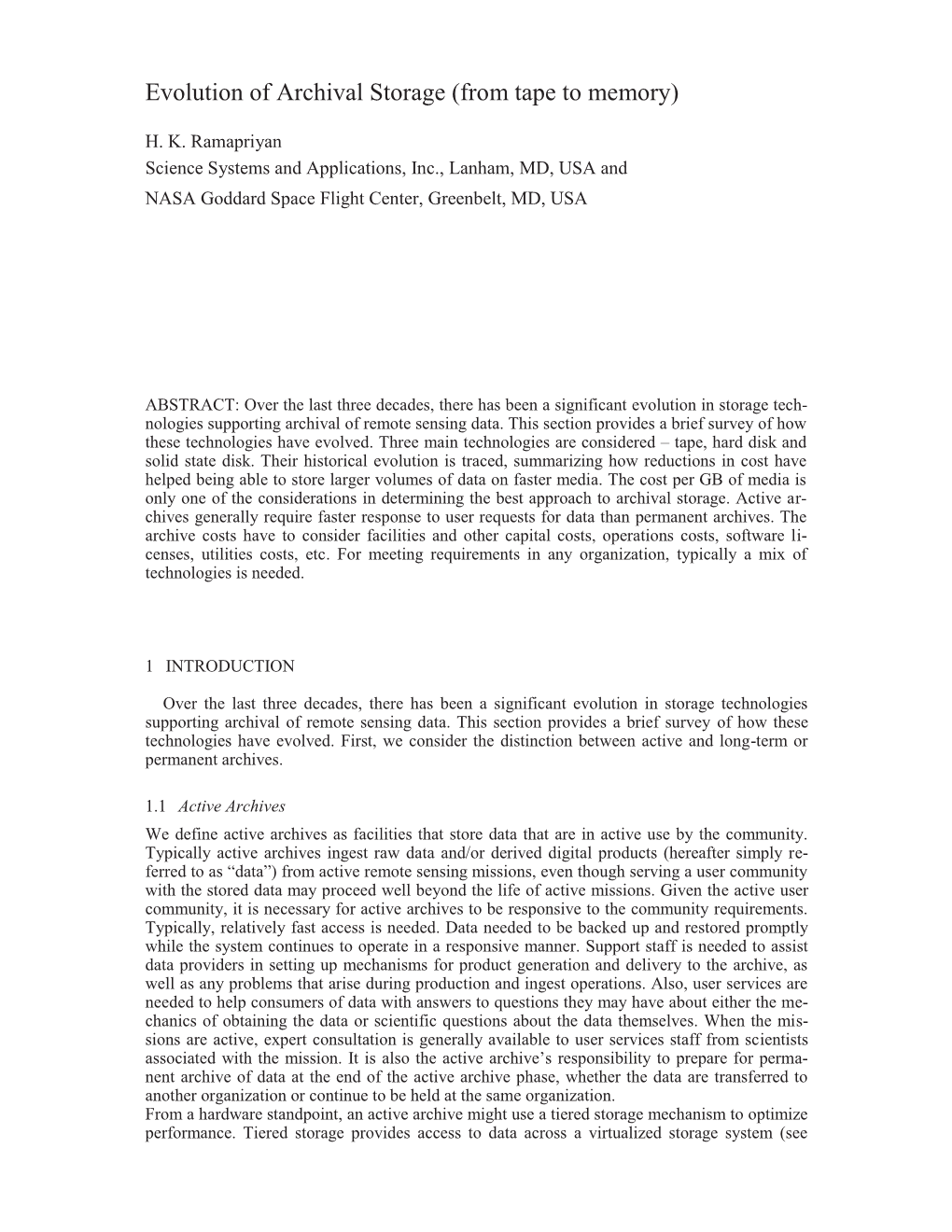 Evolution of Archival Storage (From Tape to Memory)