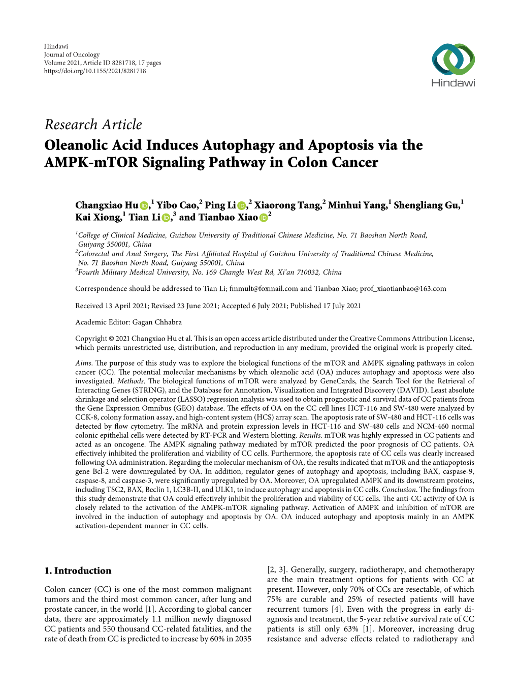 Oleanolic Acid Induces Autophagy and Apoptosis Via the AMPK-Mtor Signaling Pathway in Colon Cancer