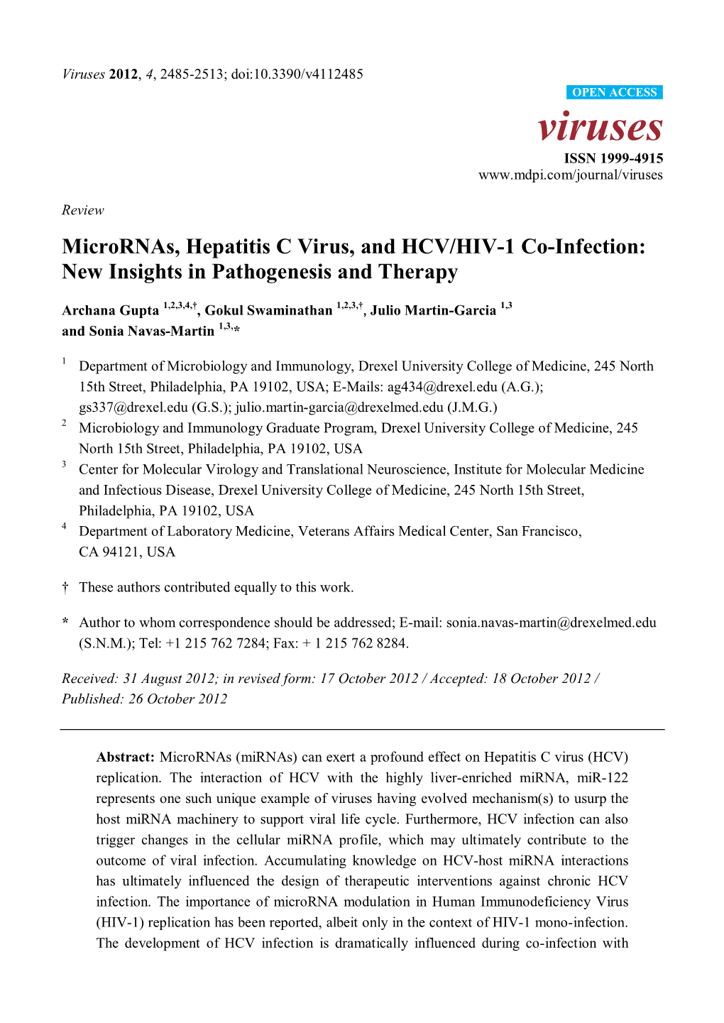 Micrornas, Hepatitis C Virus, and HCV/HIV-1 Co-Infection: New Insights in Pathogenesis and Therapy