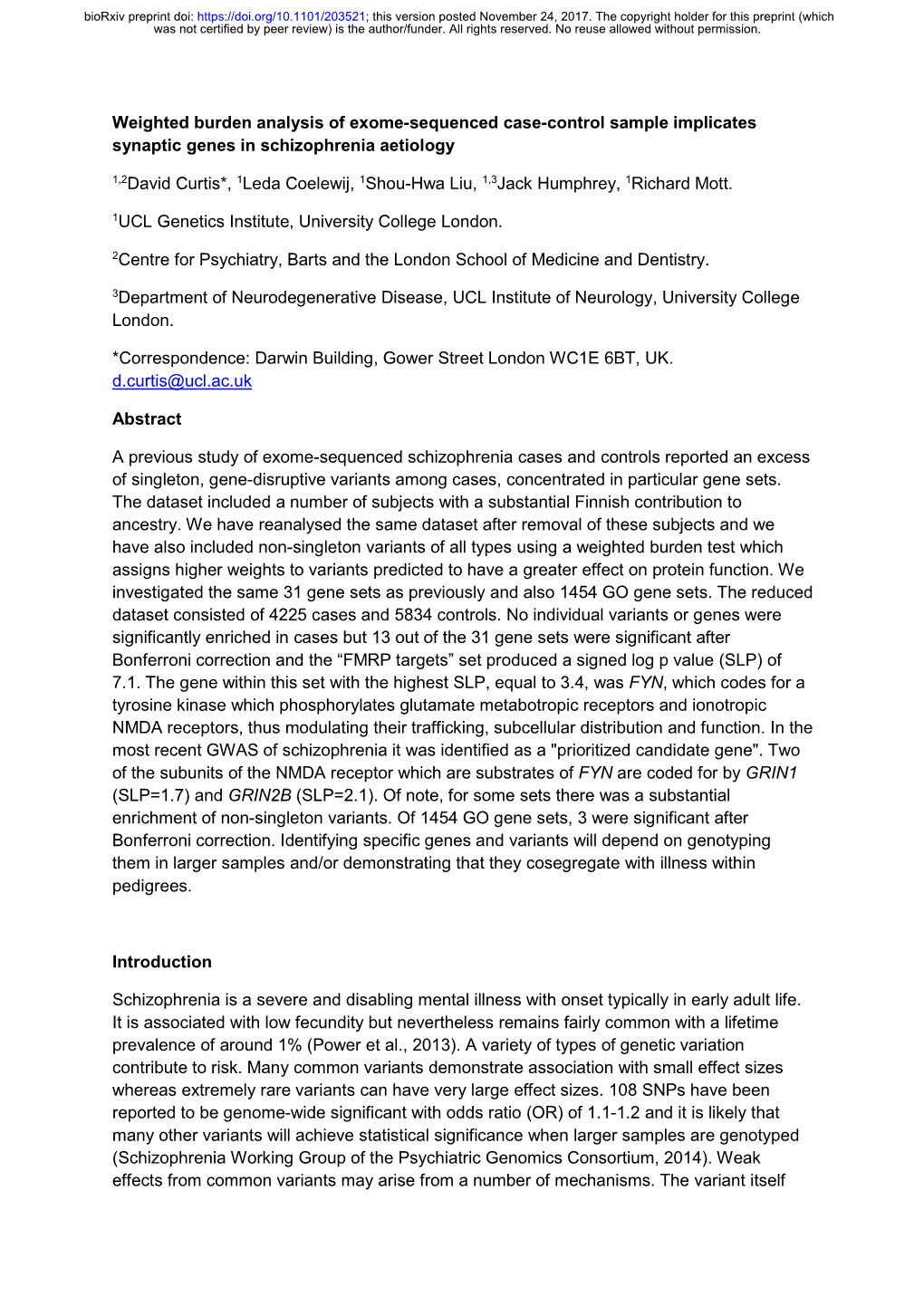 Weighted Burden Analysis of Exome-Sequenced Case-Control Sample Implicates Synaptic Genes in Schizophrenia Aetiology