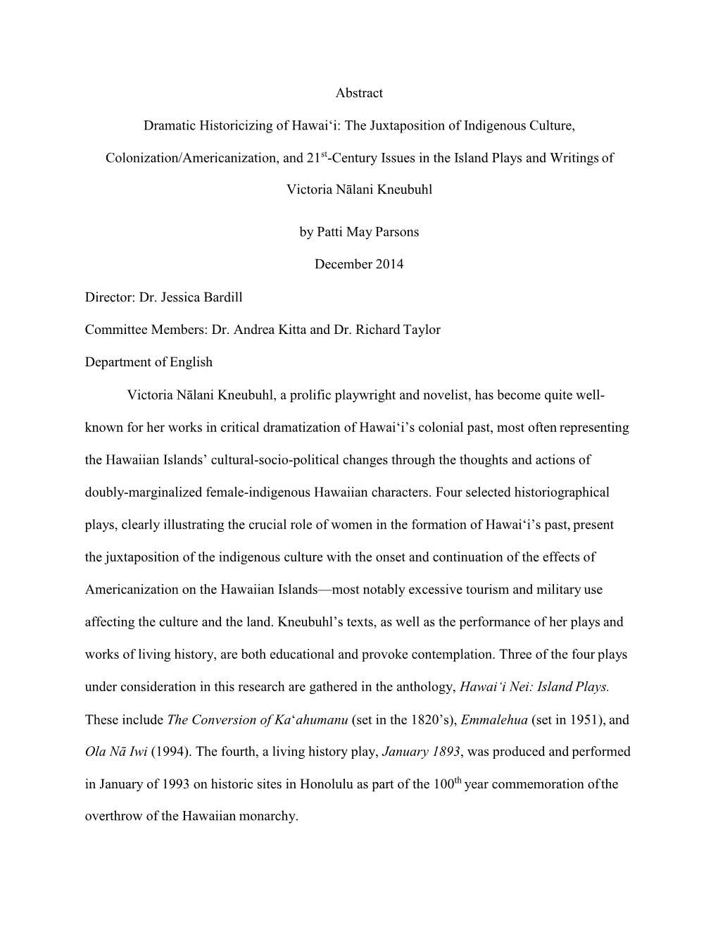 Abstract Dramatic Historicizing of Hawai'i