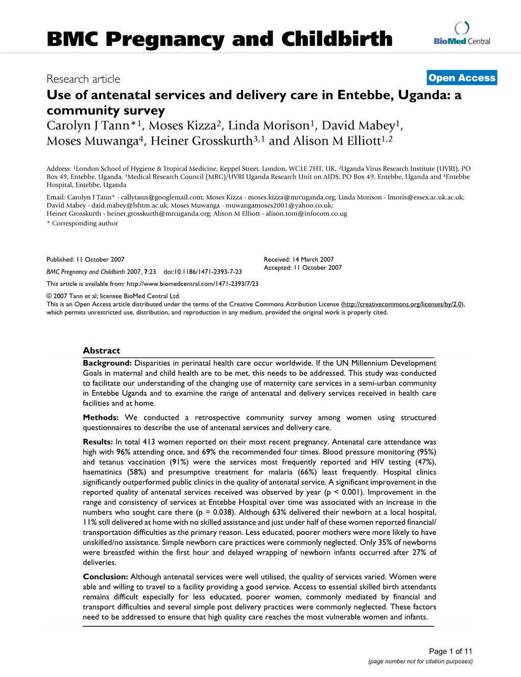 Use of Antenatal Services and Delivery Care in Entebbe, Uganda: A