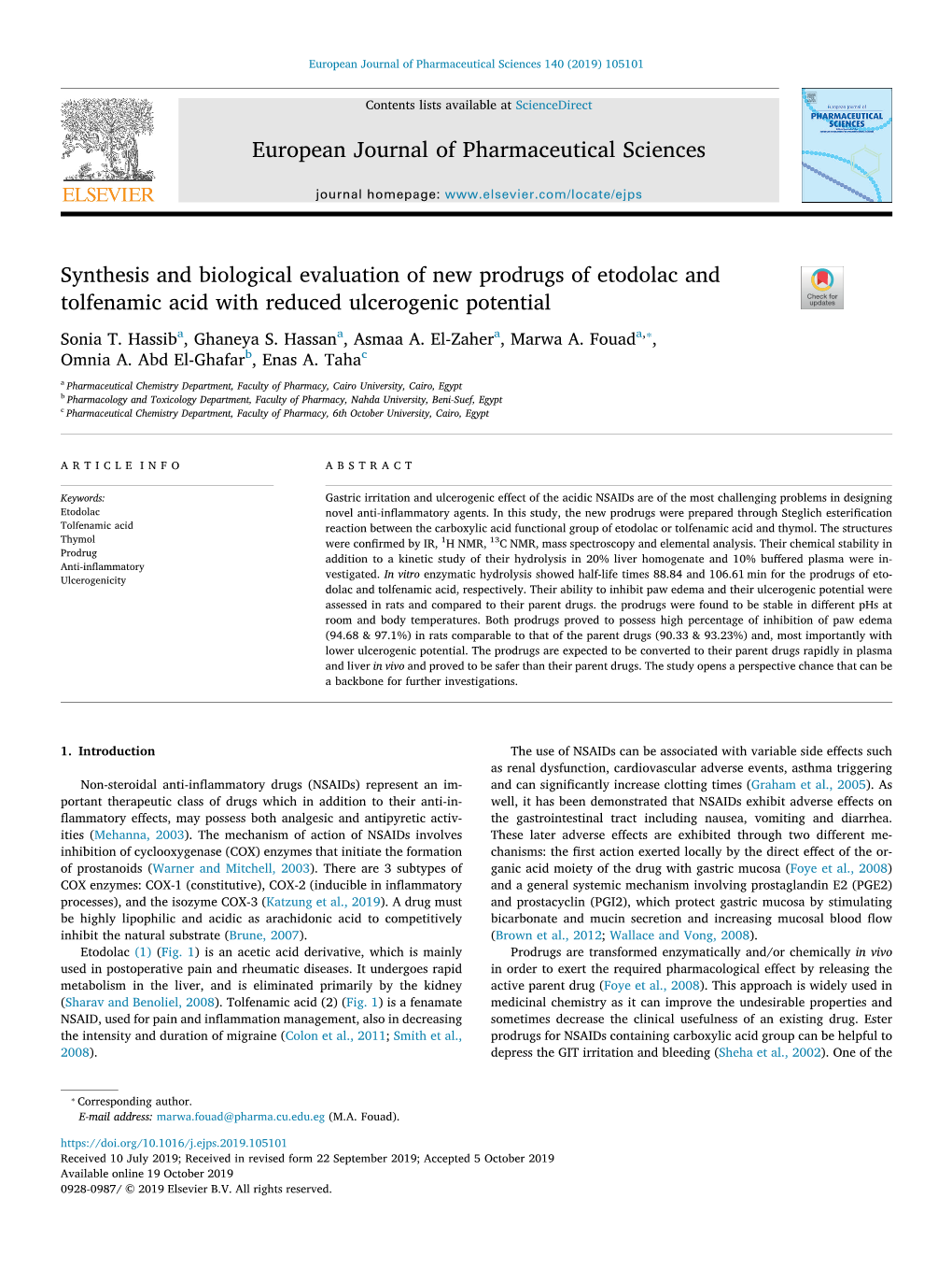 Synthesis and Biological Evaluation of New Prodrugs of Etodolac and T Tolfenamic Acid with Reduced Ulcerogenic Potential ⁎ Sonia T