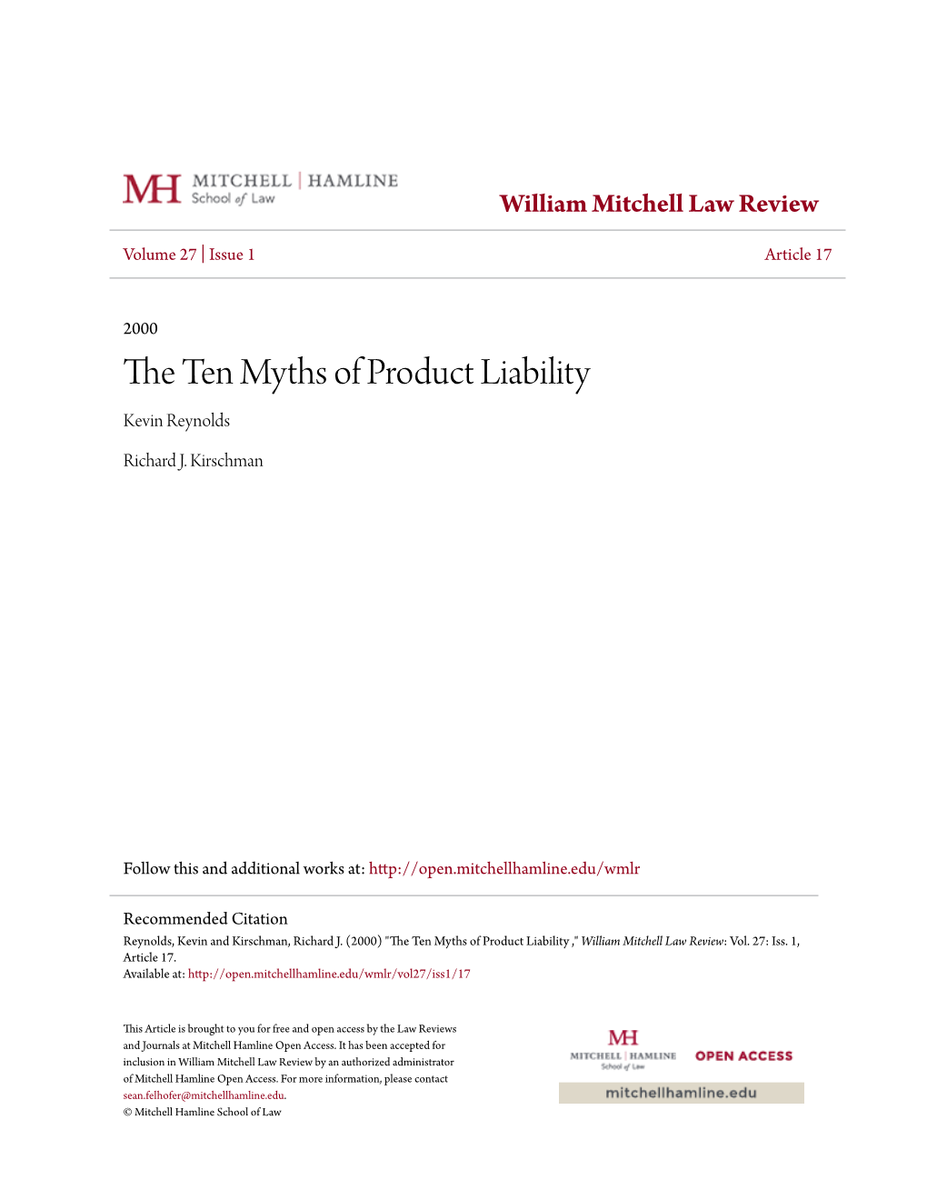 The Ten Myths of Product Liability