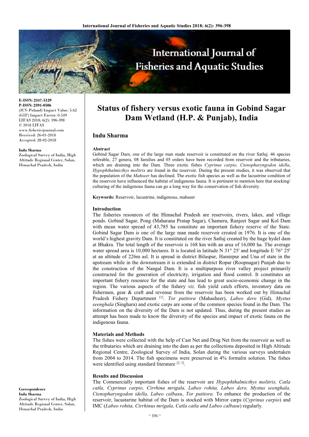 Status of Fishery Versus Exotic Fauna in Gobind Sagar Dam Wetland (H.P. & Punjab), India