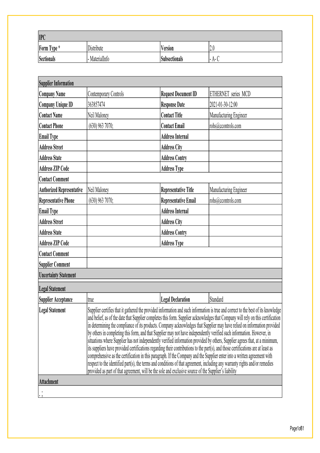 Material Composition Declaration