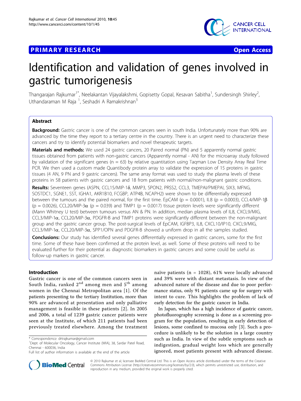 Identification and Validation of Genes Involved in Gastric Tumorigenesis