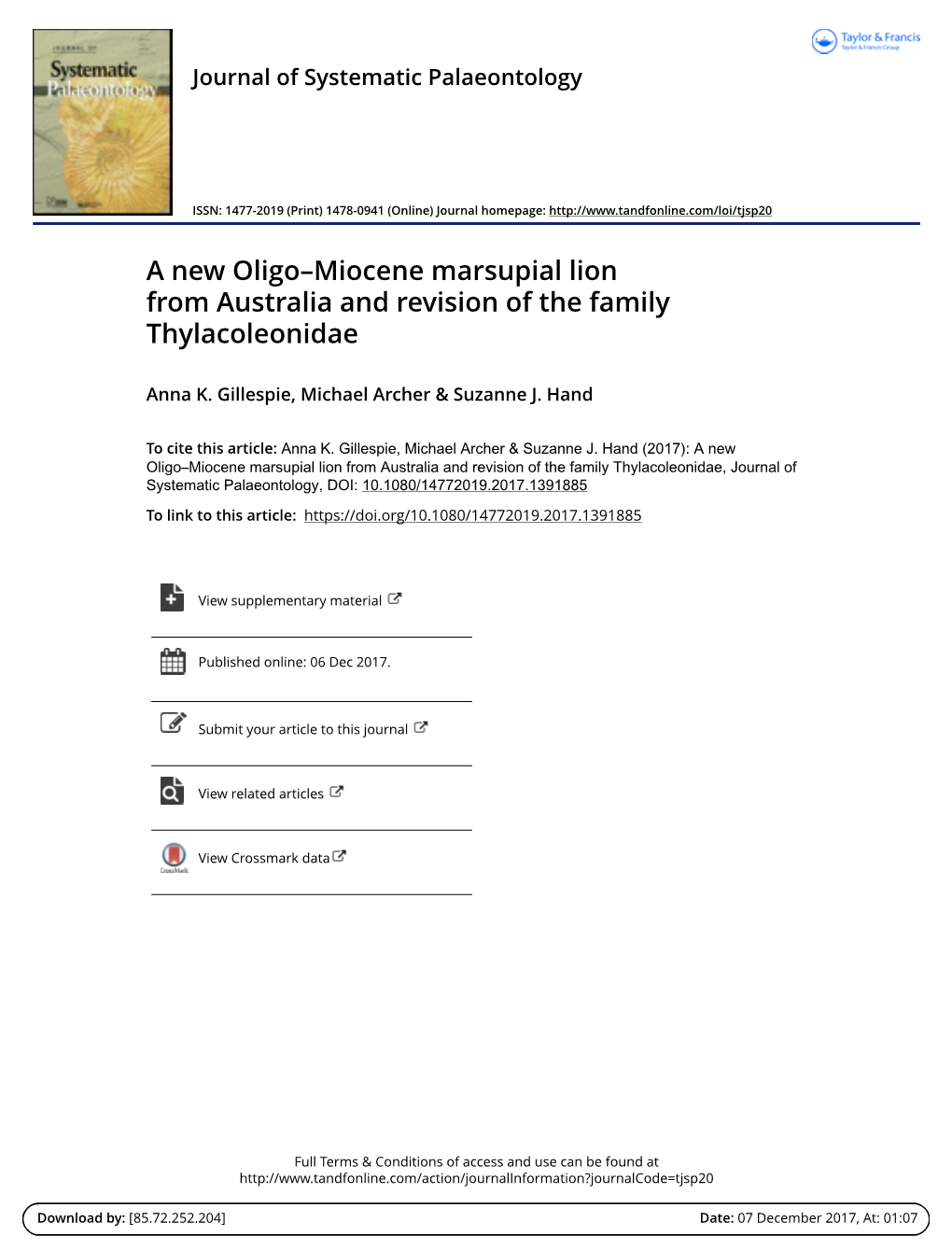 A New Oligo–Miocene Marsupial Lion from Australia and Revision of the Family Thylacoleonidae