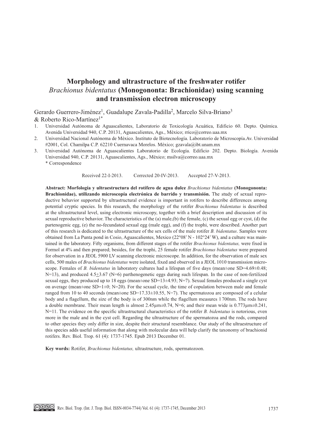 Morphology and Ultrastructure of the Freshwater Rotifer Brachionus Bidentatus (Monogononta: Brachionidae) Using Scanning and Transmission Electron Microscopy