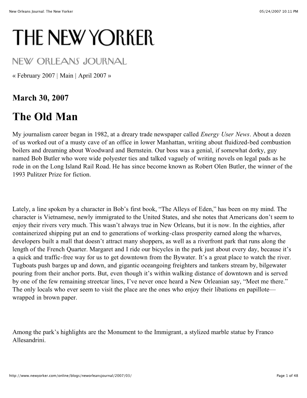New Orleans Journal: the New Yorker 05/24/2007 10:11 PM