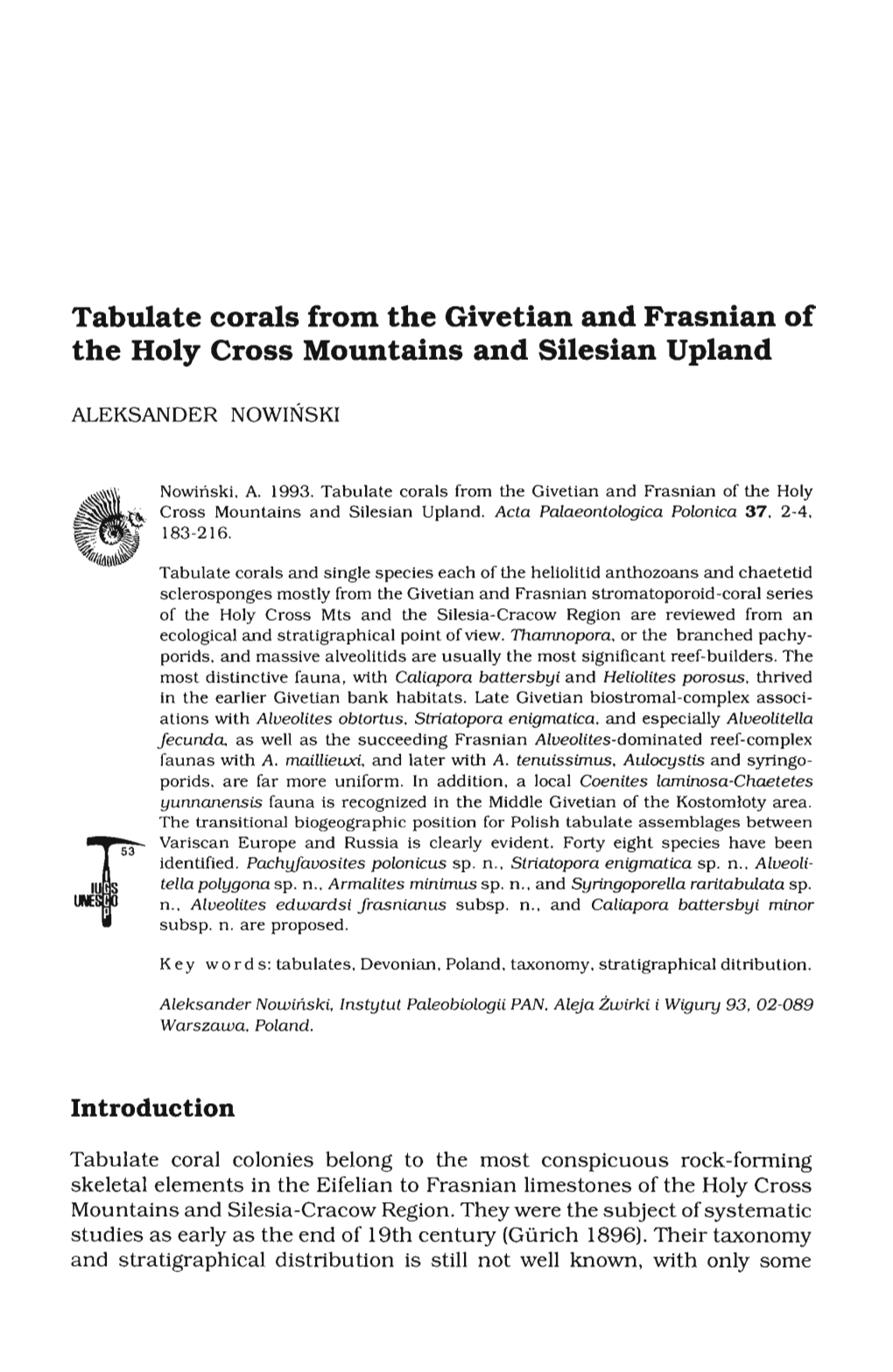 Tabulate Corals from the Givetian and Frasnian of the Holy Cross Mountains and Silesian Upland